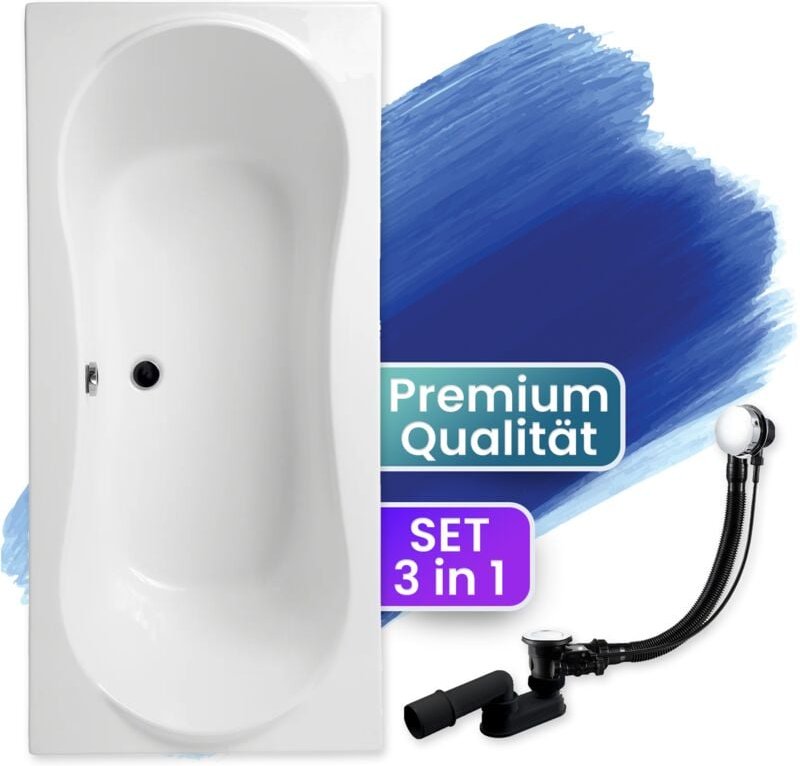 Badland - Badewanne Rechteck 170x80, Ablaufgarnitur & Füßen gratis - Komplettset 3in1 Original Acryl Wanne Premium Sipho...