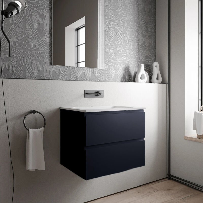 Unterschrank Bernstein ava 60cm Badmöbel: Mitternachtsblau, Mineralguss Waschbecken bruxelles Weiß matt ohne Hahnloch