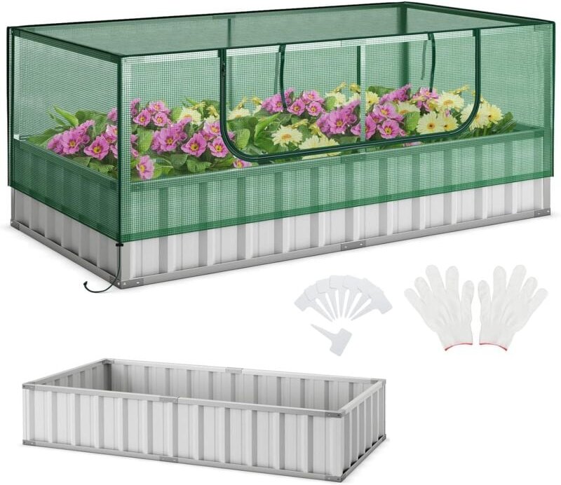 Costway - 2 in 1 Hochbeet mit Gewächshaus, verzinktes Pflanzbeet mit Rolltür, Abnehmbarer PE-Abdeckung, rechteckiges Gar...