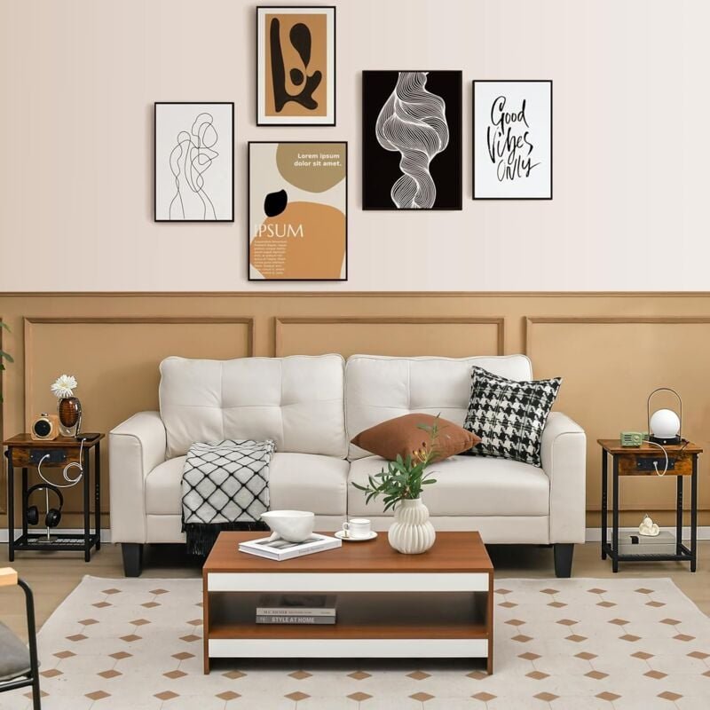 Nachttisch mit Ladestation, 2er Set, Beistelltisch mit Gitterablage, Sofatisch mit USB-Anschlüssen, Steckdosen und verst...