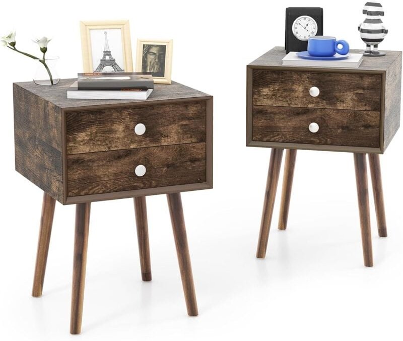 COSTWAY Nachttisch mit 2 Schubladen, Nachtschrank für Boxspringbett, Beistelltisch aus Holz, Nachtkonsole Nachtkommode f...