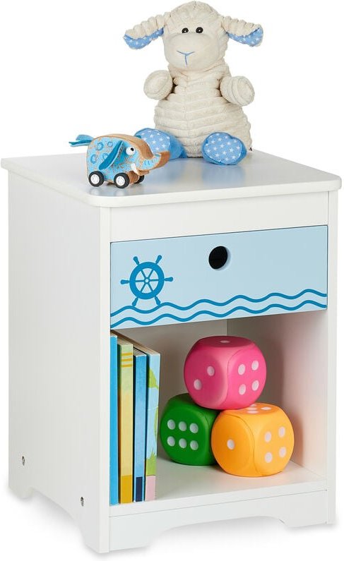 Relaxdays Nachttisch Kinder, Seemann-Design, Schublade & Staufach, Kinderzimmer Kommode, HBT: 41 x 32 x 31 cm, weiß/blau