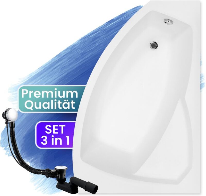 Badewanne Eckbadewanne 170x110 Rechts, Ablaufgarnitur & Füßen GRATIS - Komplettset 3in1 Original Acryl Wanne Premium Sip...