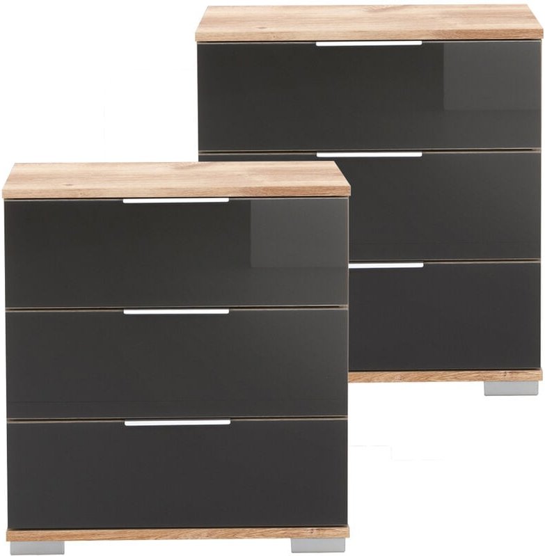Schlafzimmer 2er Set Nachttisch Nachtschrank, auch für Boxspringbetten, in Plankeneiche Nb. mit grauem Glas ELSTRA-43, b...