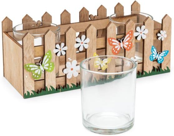 Holzdeko-Set mit 3 Glasvasen