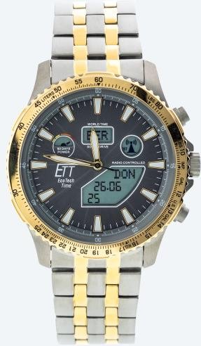 ETT Herren-Funk-Solaruhr Titan World Timer bicolor