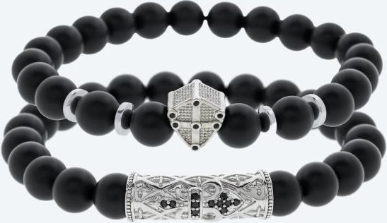 SET: 2x Armband Achat schwarz, silberfarbig