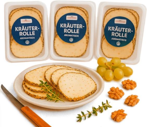 Käsekräuterrolle in Scheiben