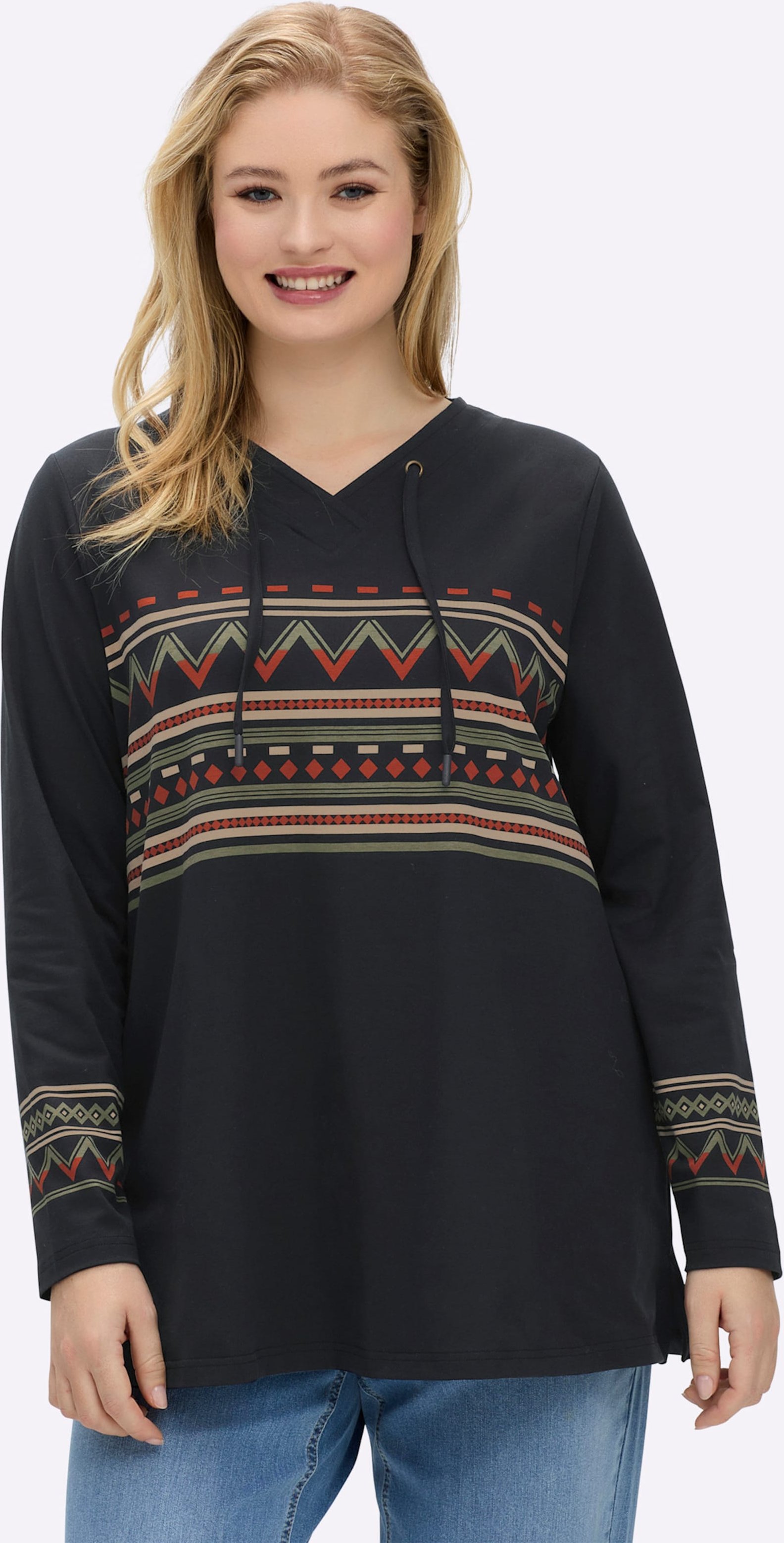 Sheego Shirt mit V-Ausschnitt und Ethno-Details