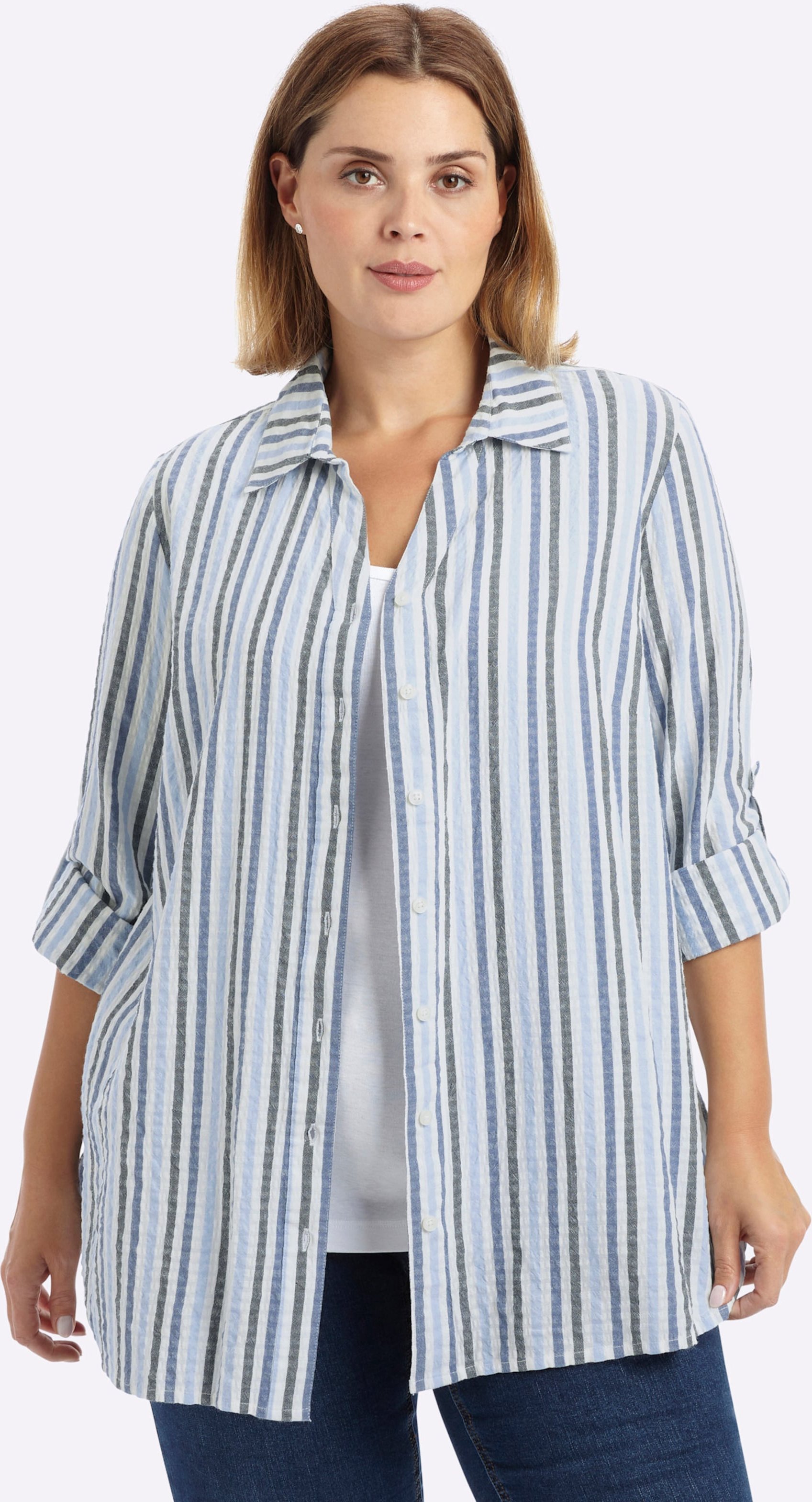 Sheego Gestreifte Bluse in Seersucker-Qualität