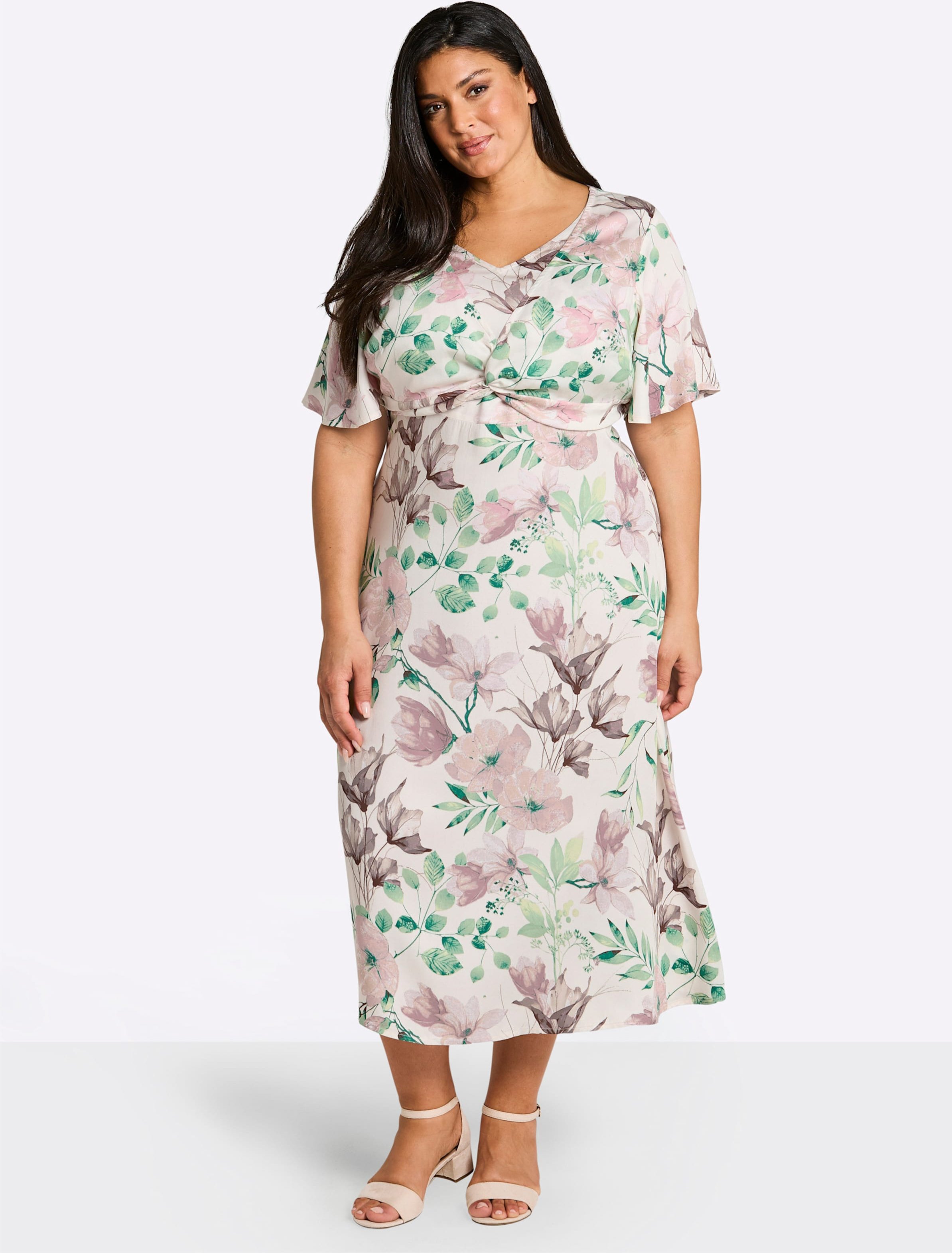 Sheego Blumenkleid mit Flügelärmeln und Knotendetail