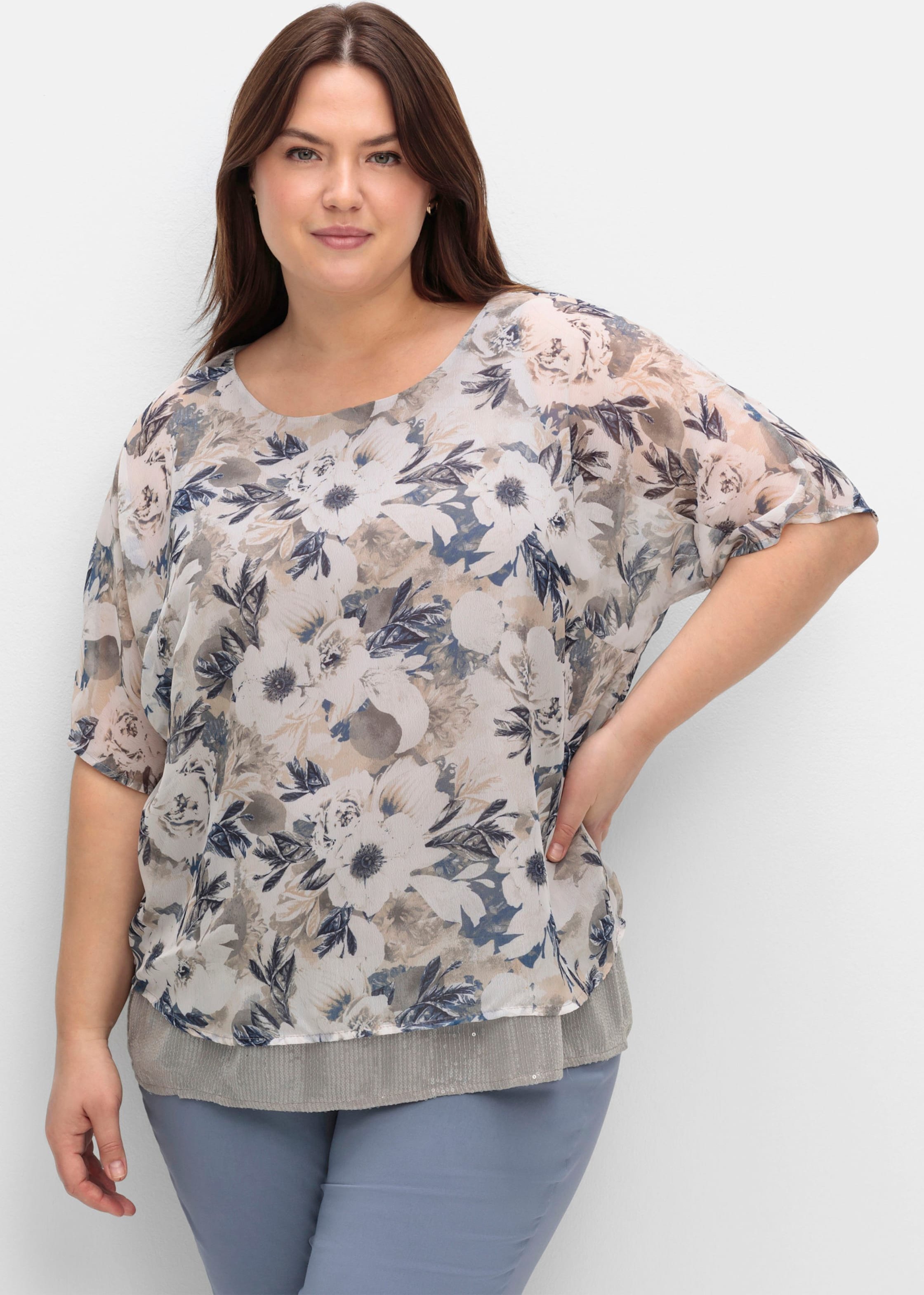 Sheego Kurzarm-Bluse im Lagen-Look, geblümt