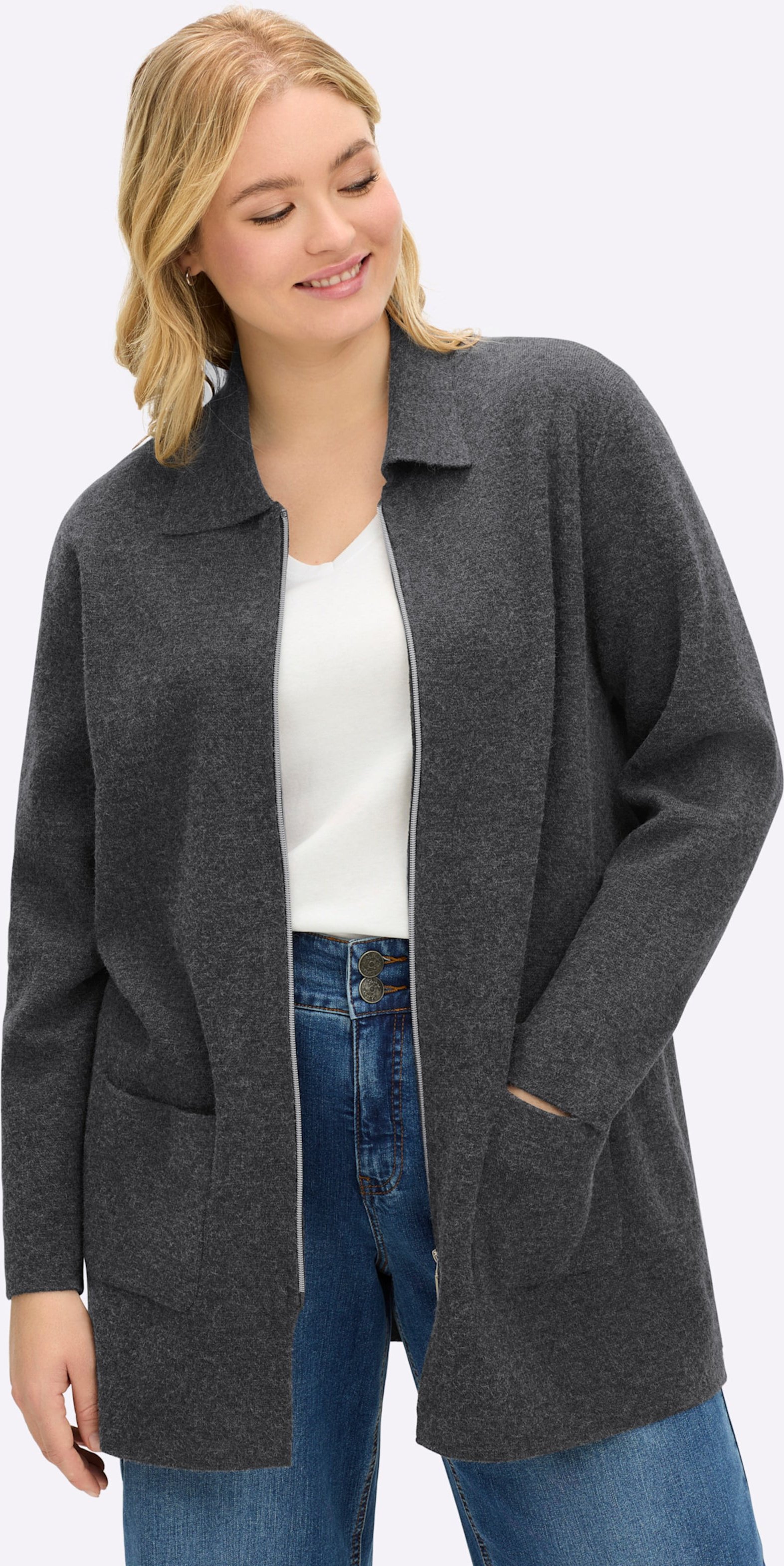 Sheego Strickjacke mit Zipper und Umlegekragen