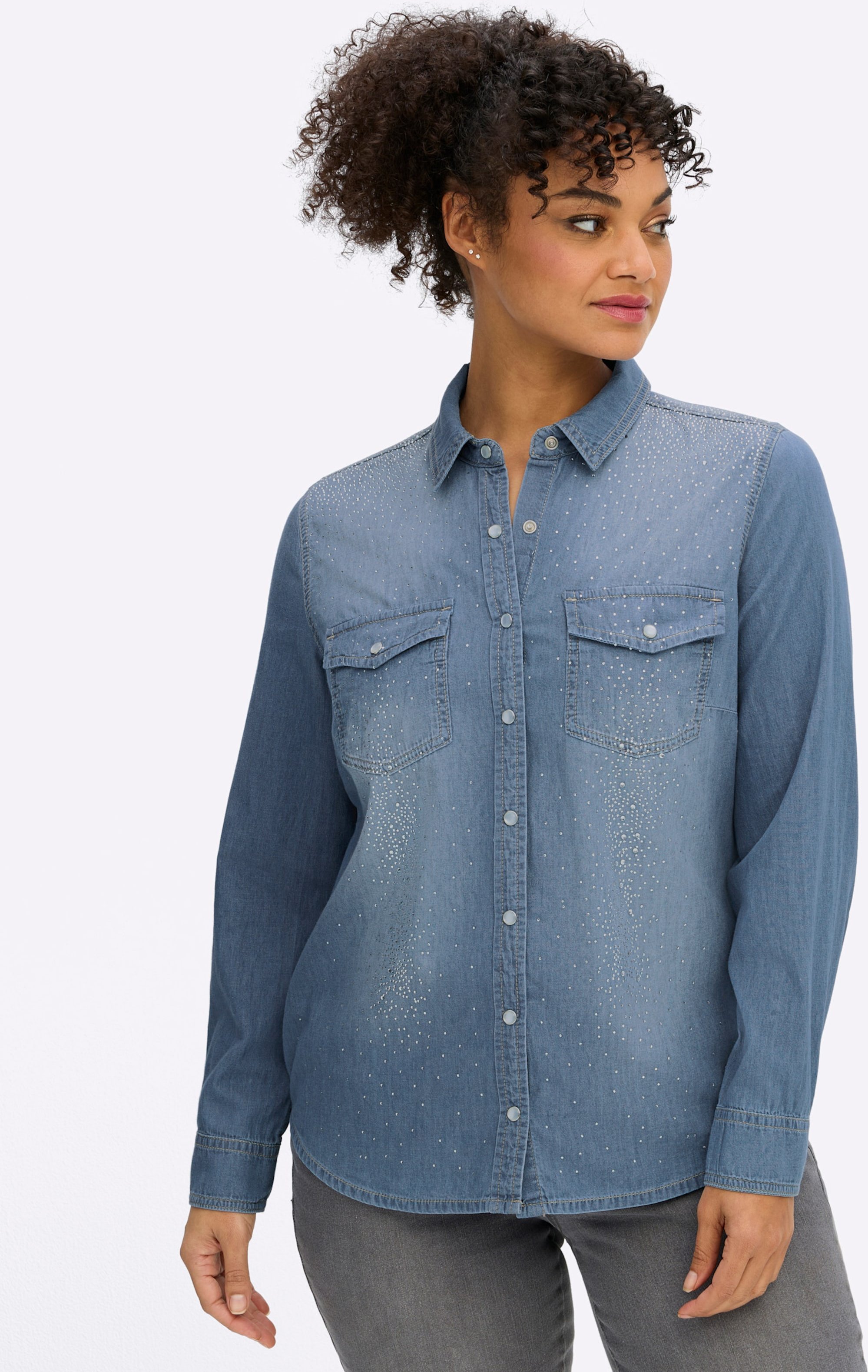 Thumbnail - Sheego Jeansbluse mit Glitzersteinchen