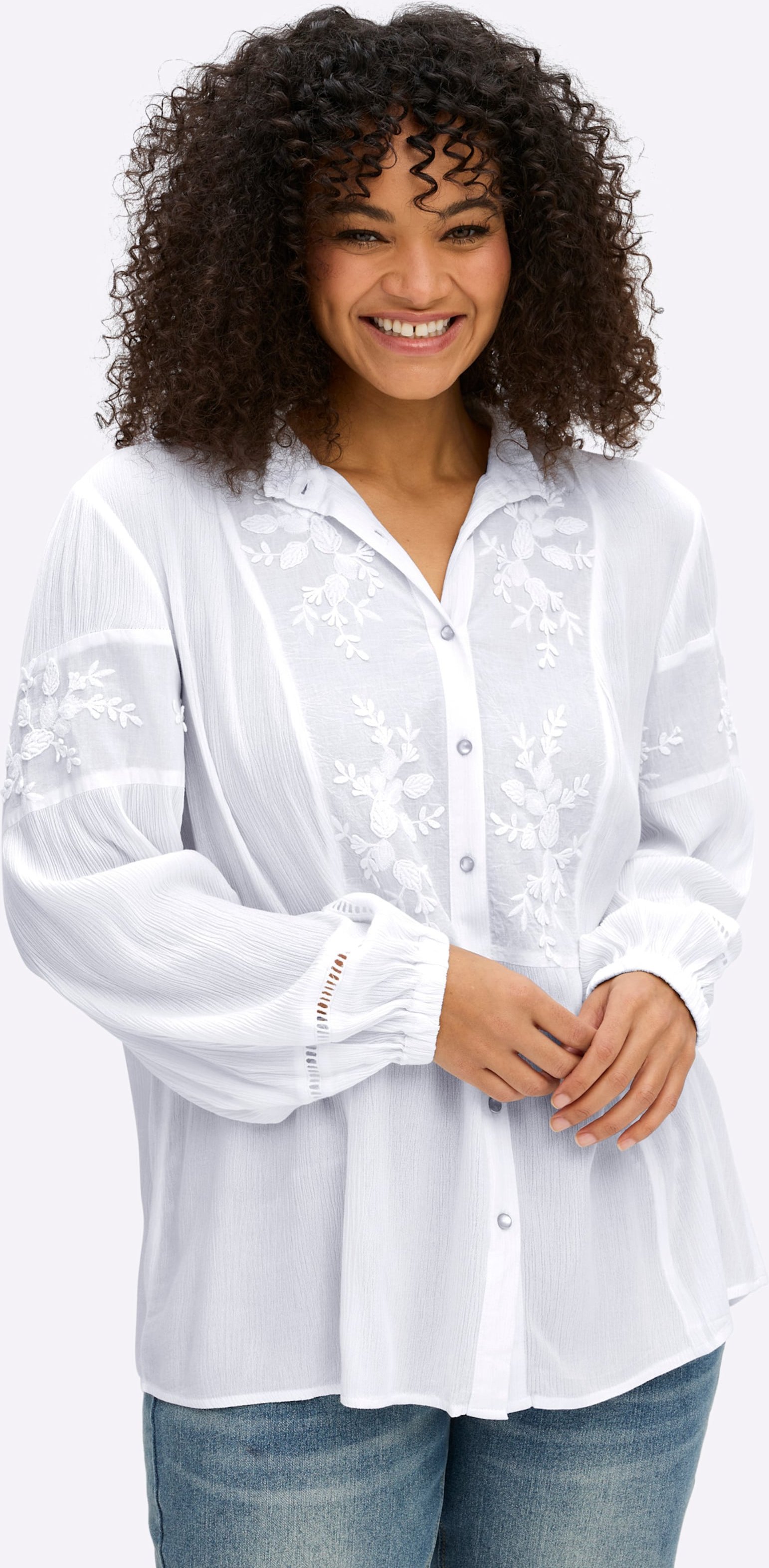 Sheego Bluse mit Stehkragen und Blüten-Stickereien