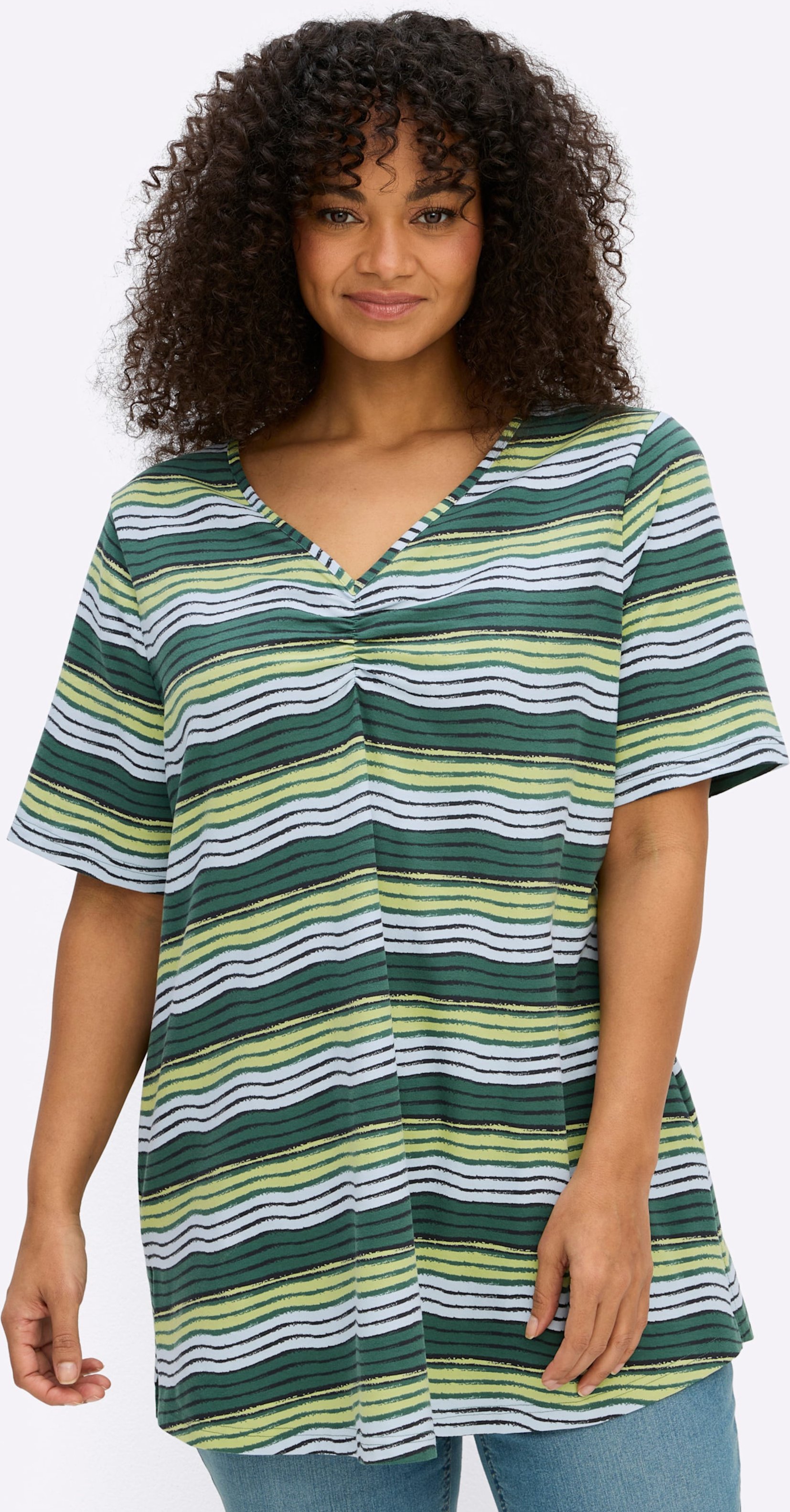 Sheego Streifenshirt mit Raffung am V-Ausschnitt