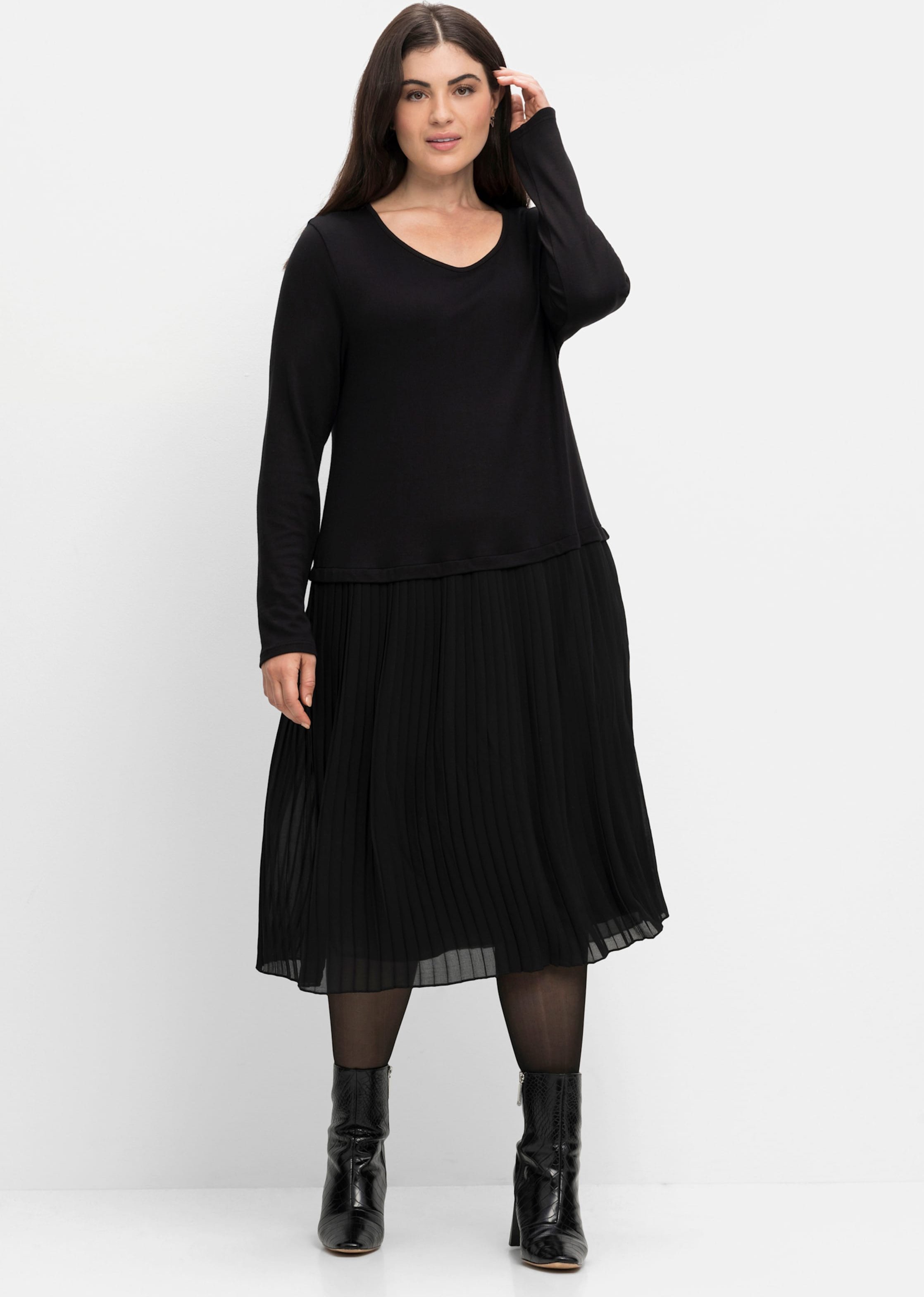 Sheego Strickkleid mit plissiertem Chiffonrock