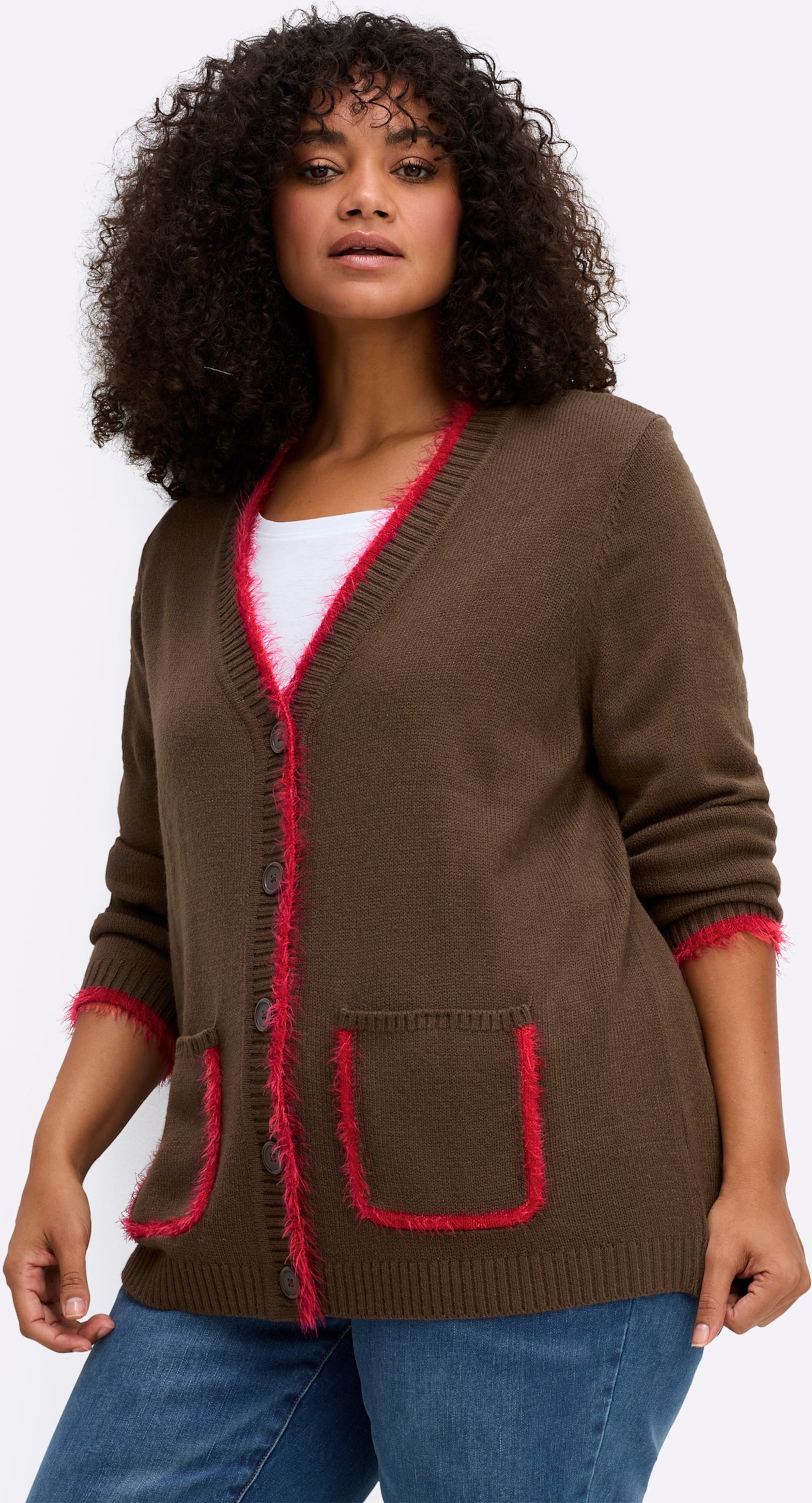 Sheego Strickjacke mit Flauschgarn-Kanten