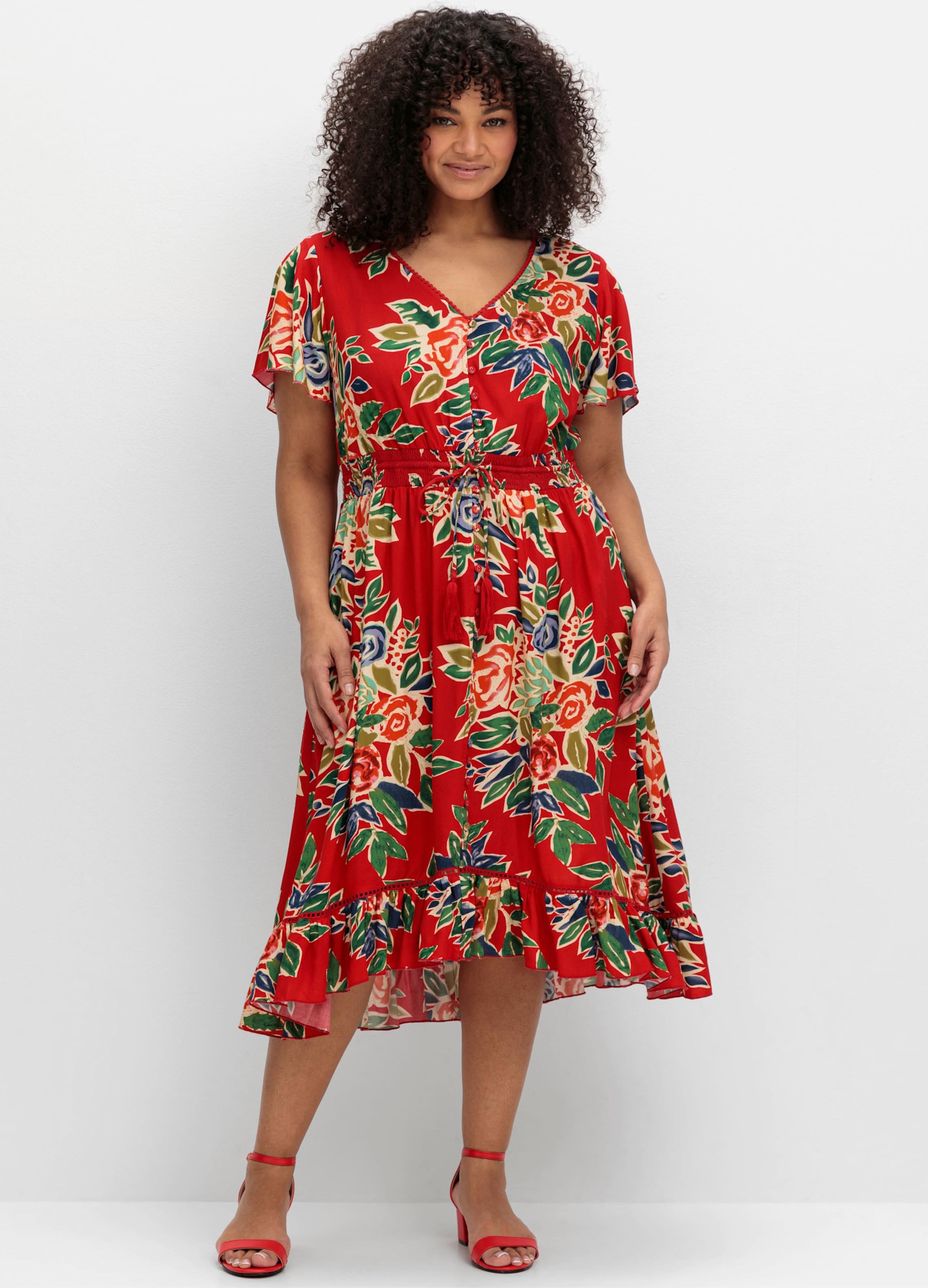 Sheego Blumenkleid mit V-Ausschnitt und Knopfleiste