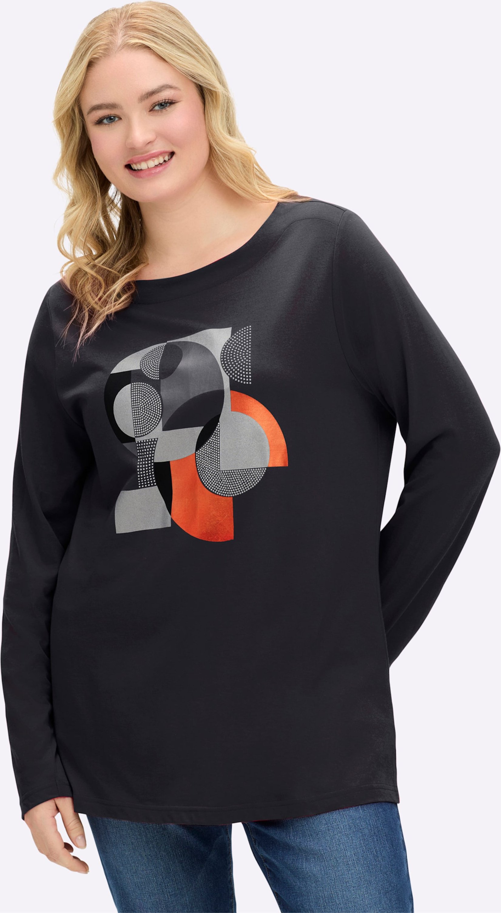 Sheego Langarmshirt mit Grafikprint und Glitzersteinchen