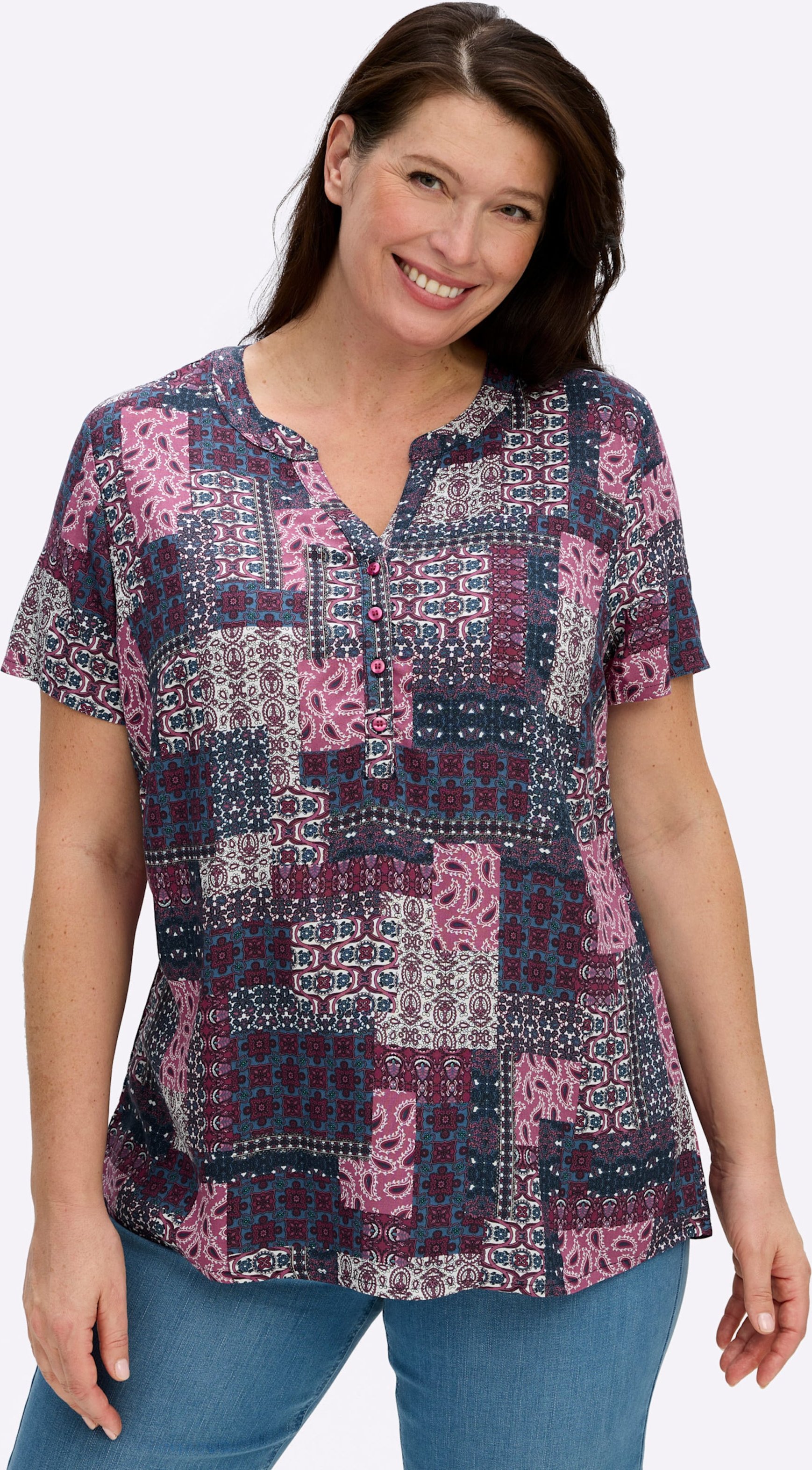 Sheego Kurzarmbluse mit Patchwork-Druck
