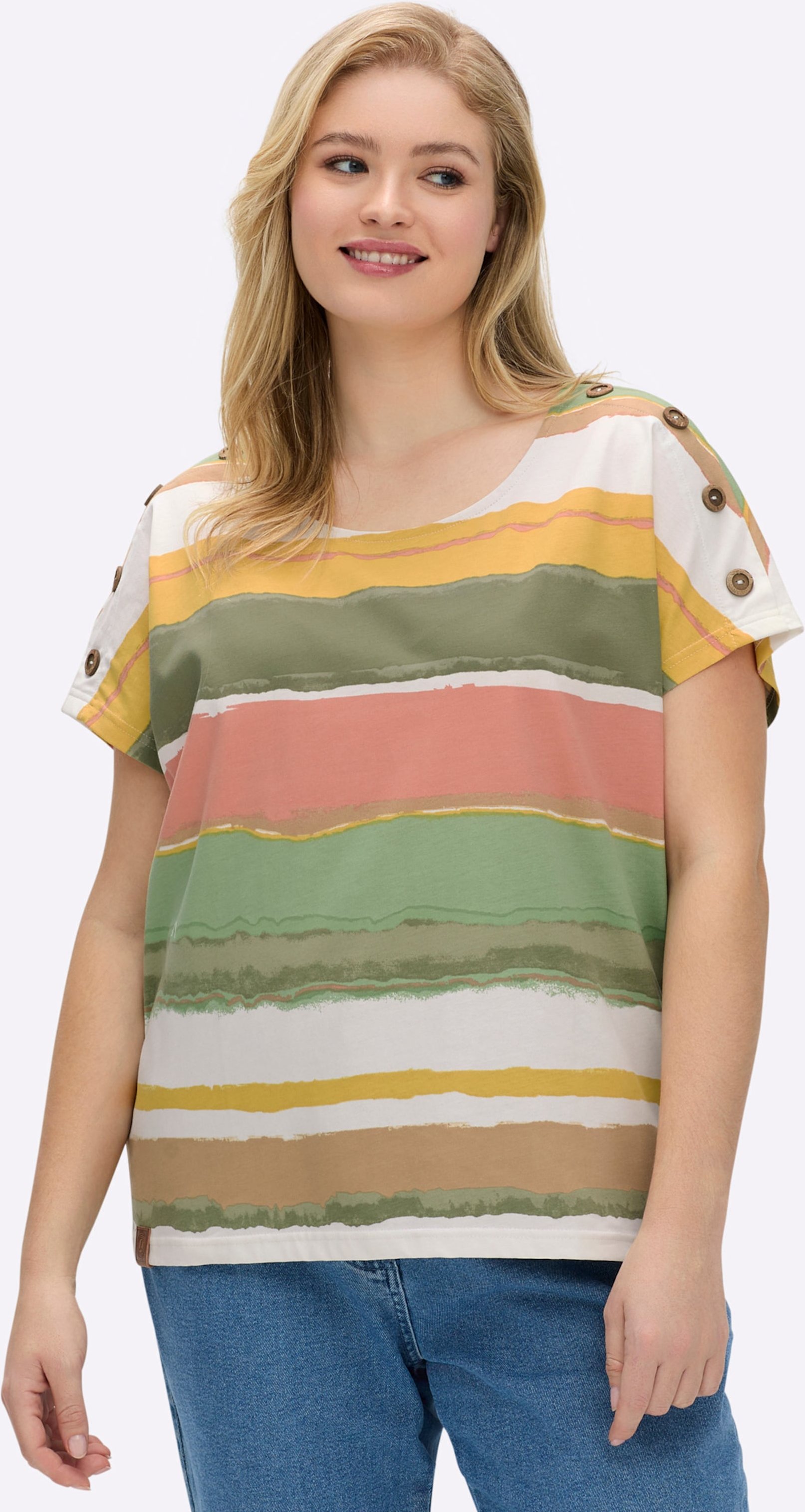 Sheego Kurzarmshirt mit Knöpfen in Holz-Optik