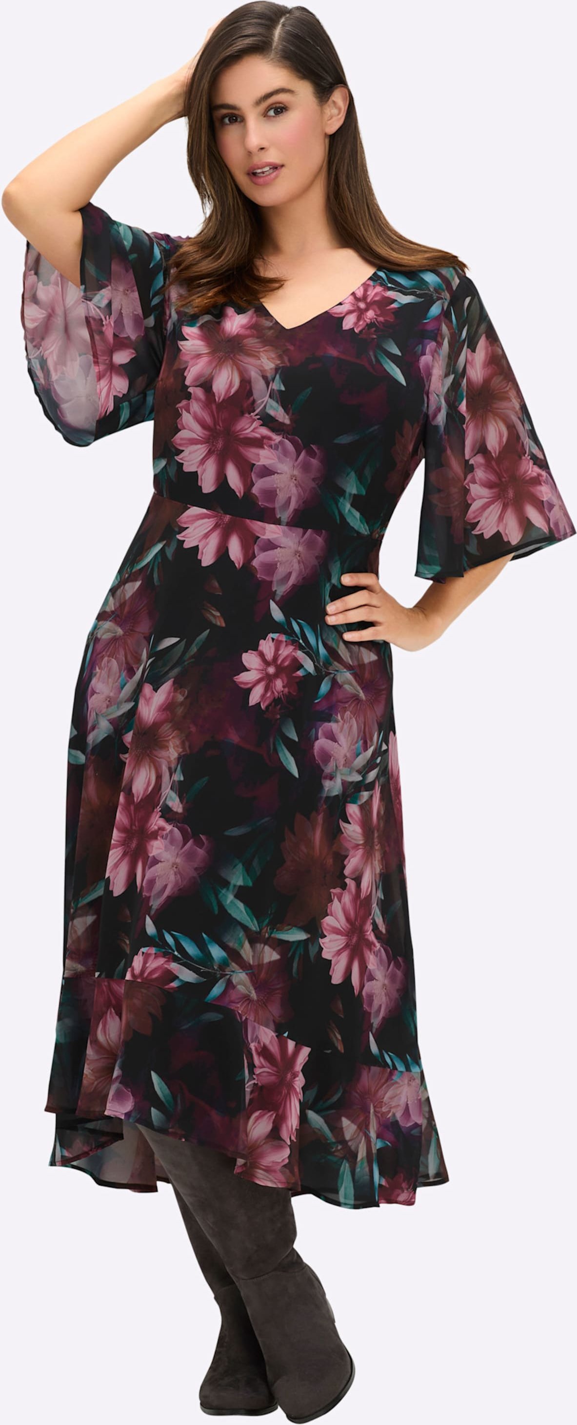 Sheego Chiffonkleid mit Flügelärmeln und Volants