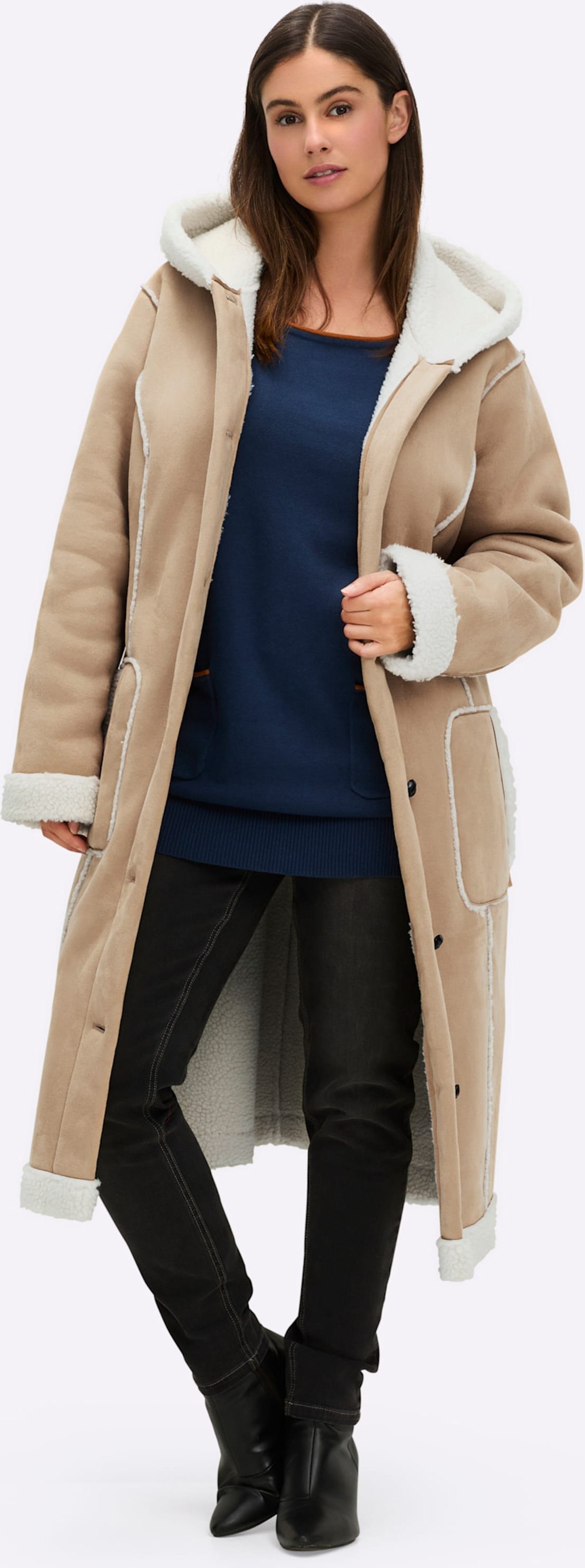 Sheego Mantel in Lammfell-Optik, mit Kapuze