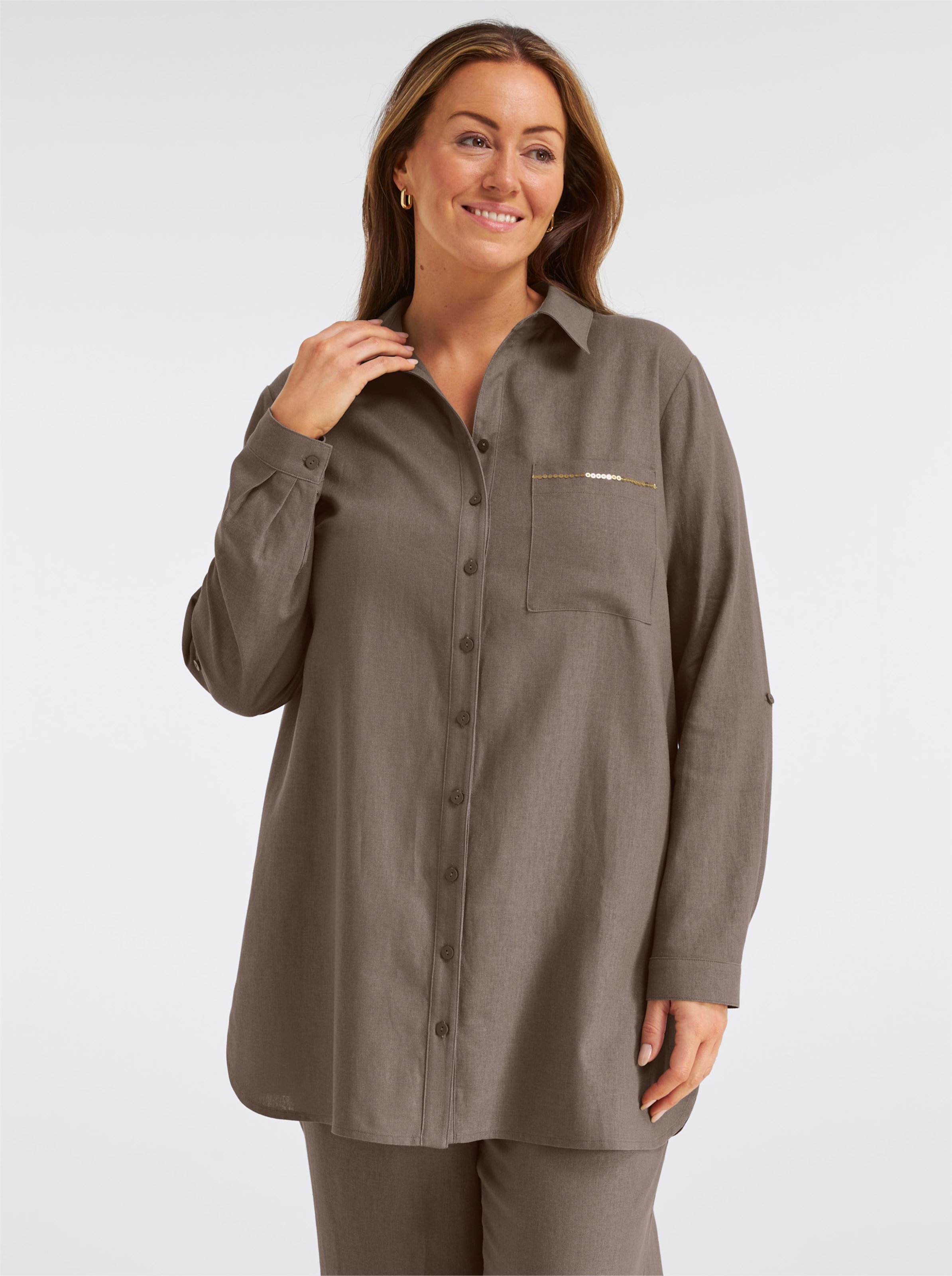 Sheego Leinenbluse mit Pailletten an der Brusttasche