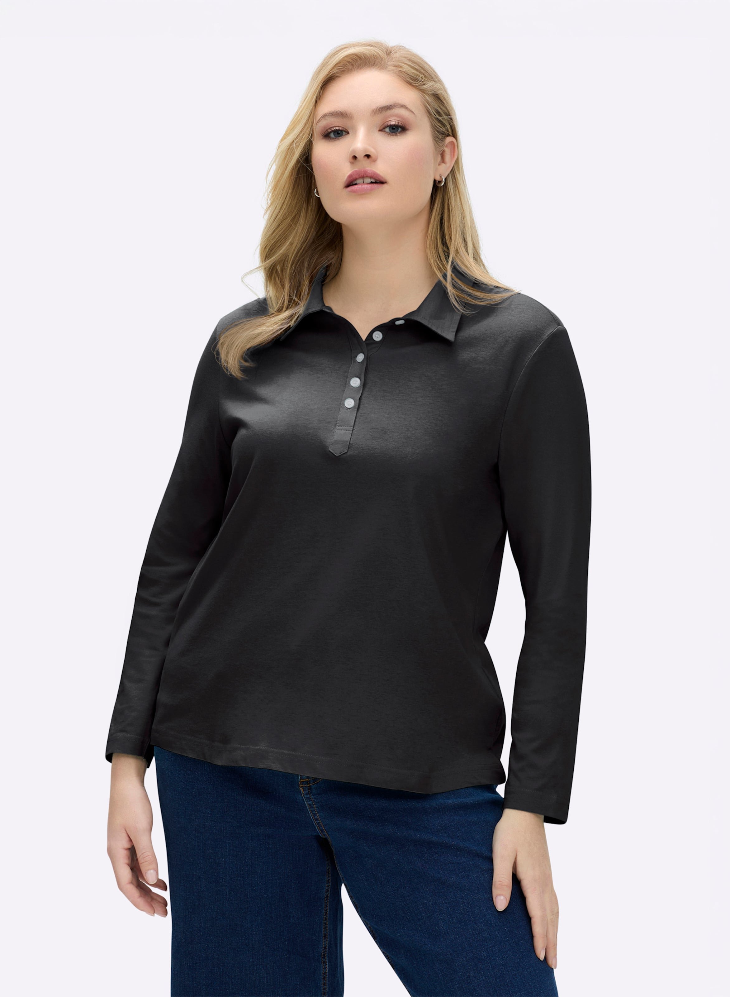 Sheego Langarm-Poloshirt in reiner Baumwoll-Qualität