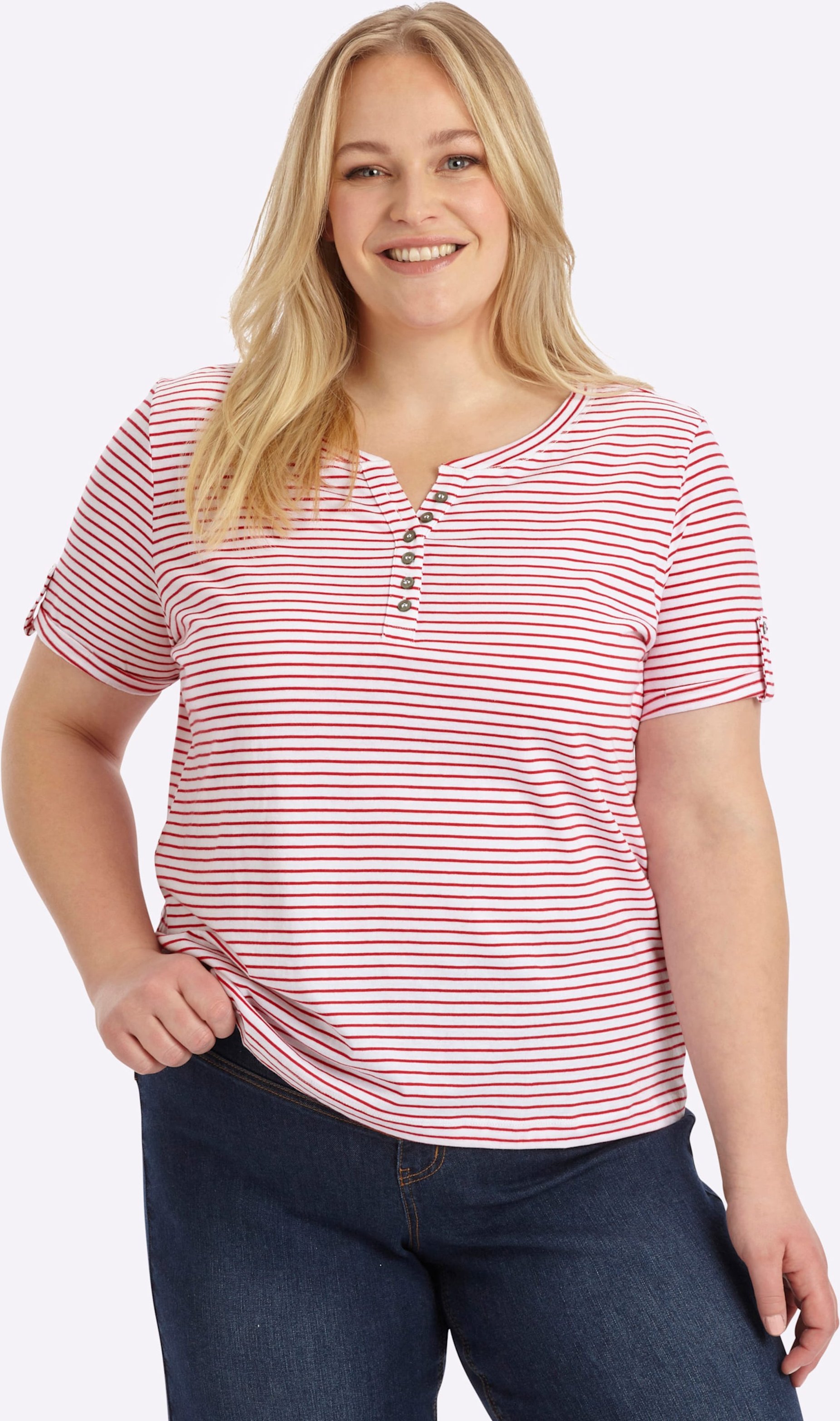 Sheego Kurzarmshirt mit fixiertem Ärmel-Aufschlag