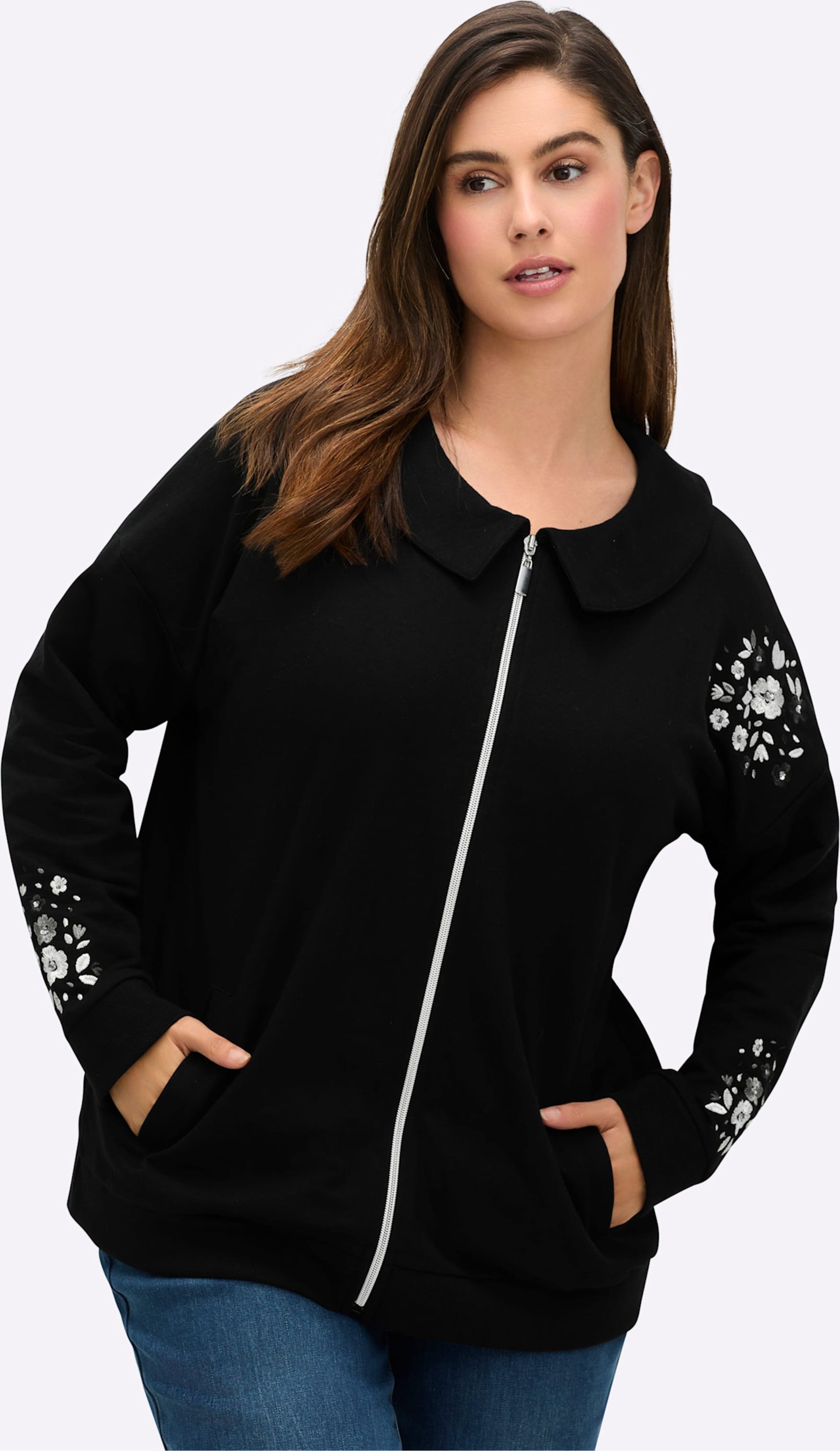 Sheego Sweatjacke mit Glitzer-Blumendruck
