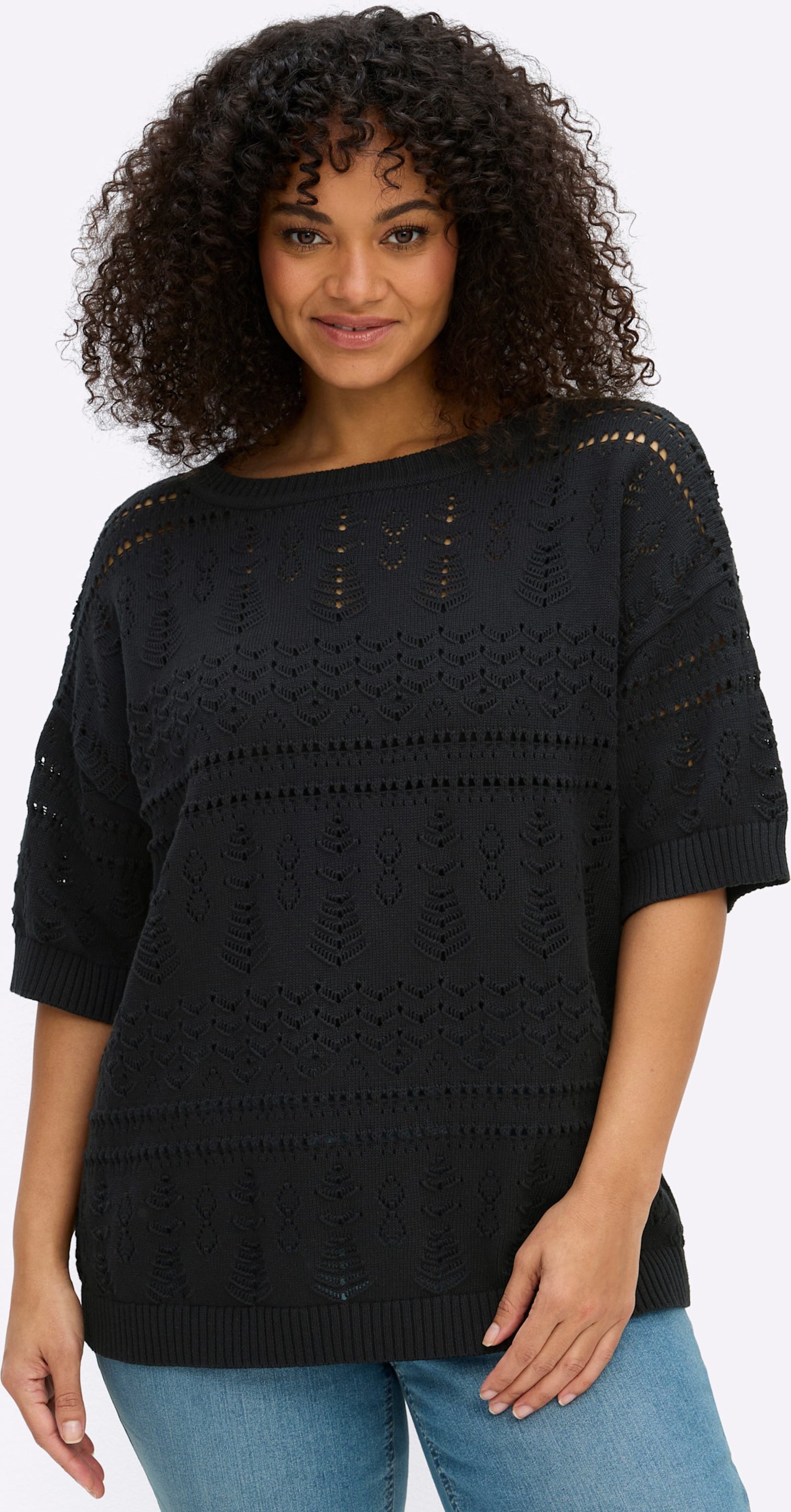 Sheego Kurzarmpullover aus Ajourstrick