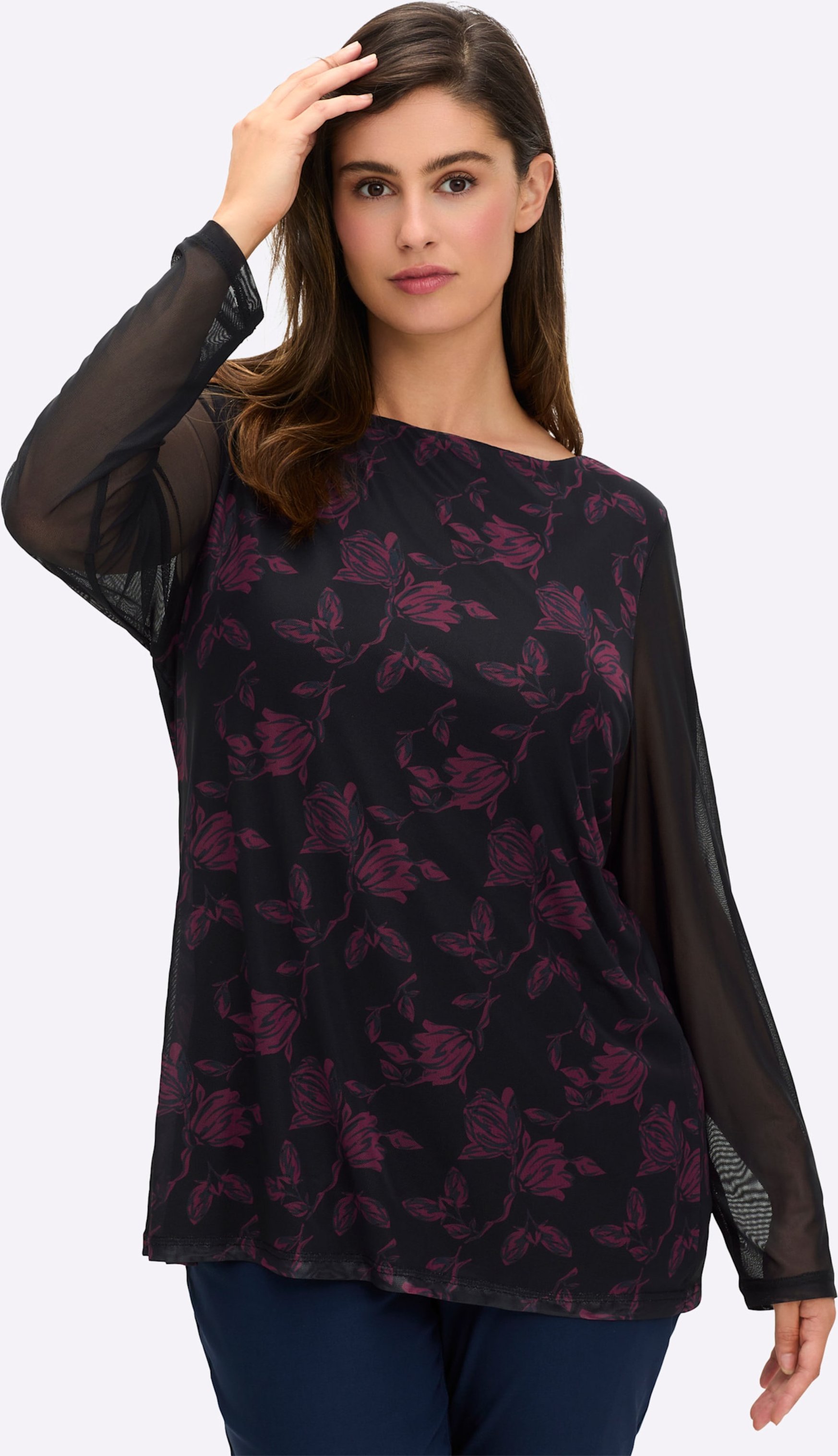 Sheego Langarmshirt mit U-Boot-Ausschnitt und Mesh-Details