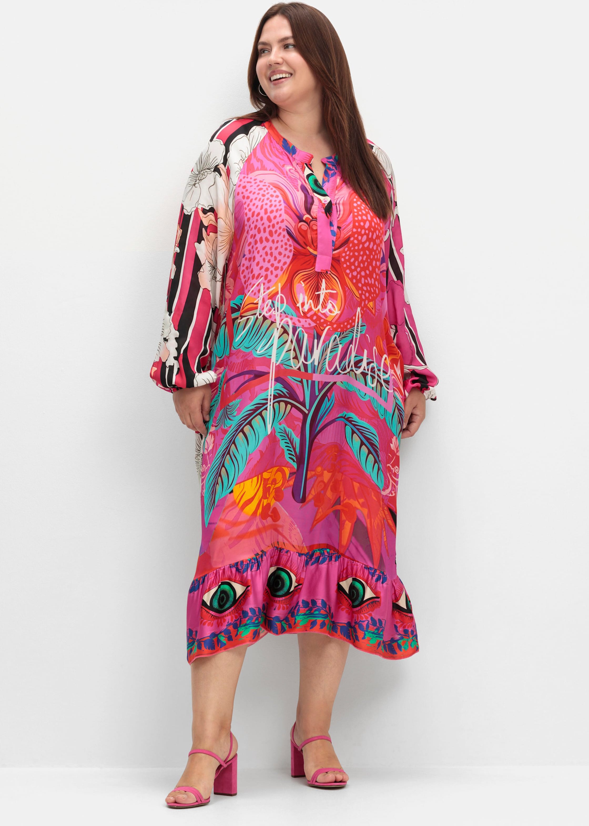 Sheego Druckkleid im Mustermix, mit Volant am Saum