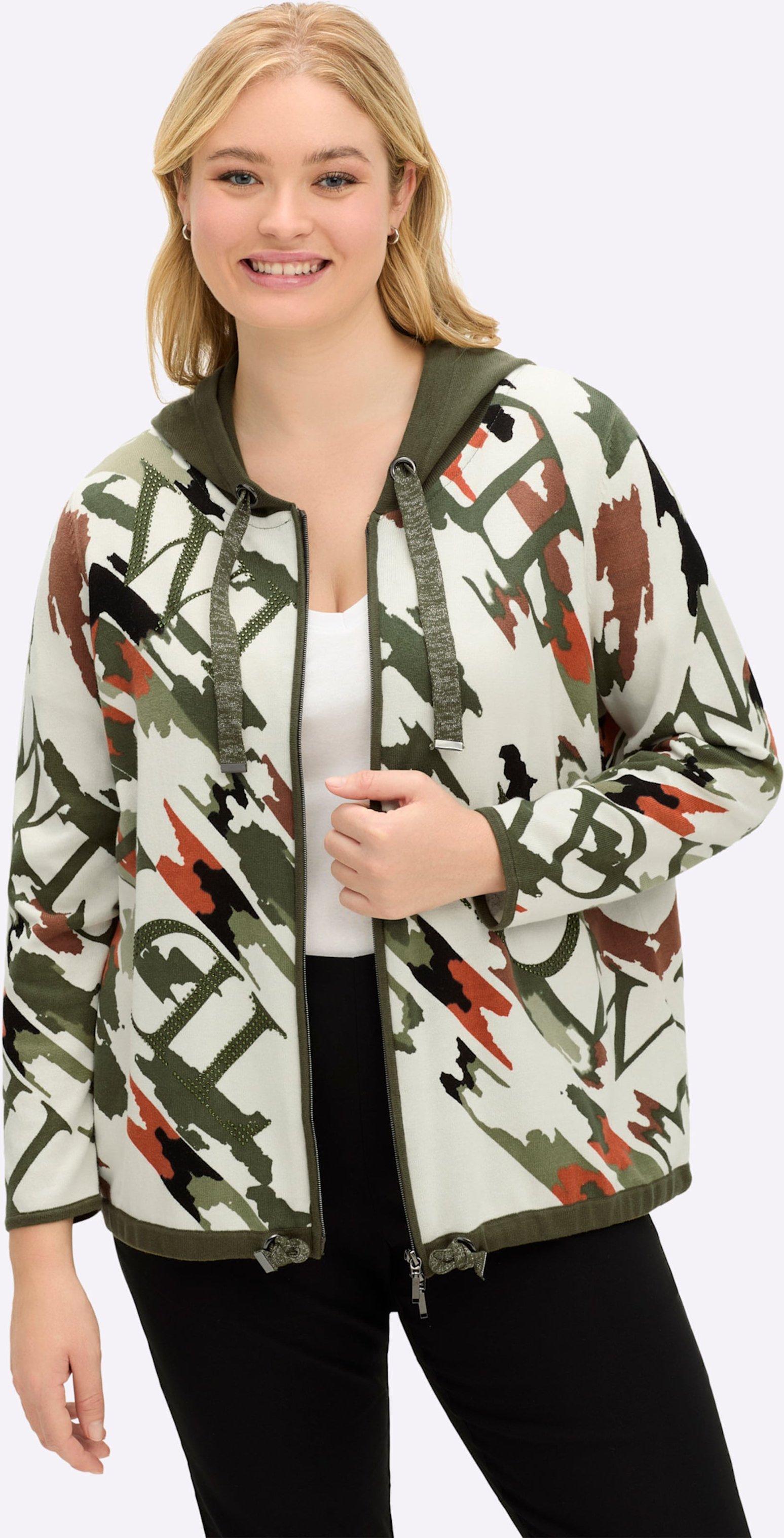 Thumbnail - Sheego Kapuzenstrickjacke mit Druck und Glitzersteinchen