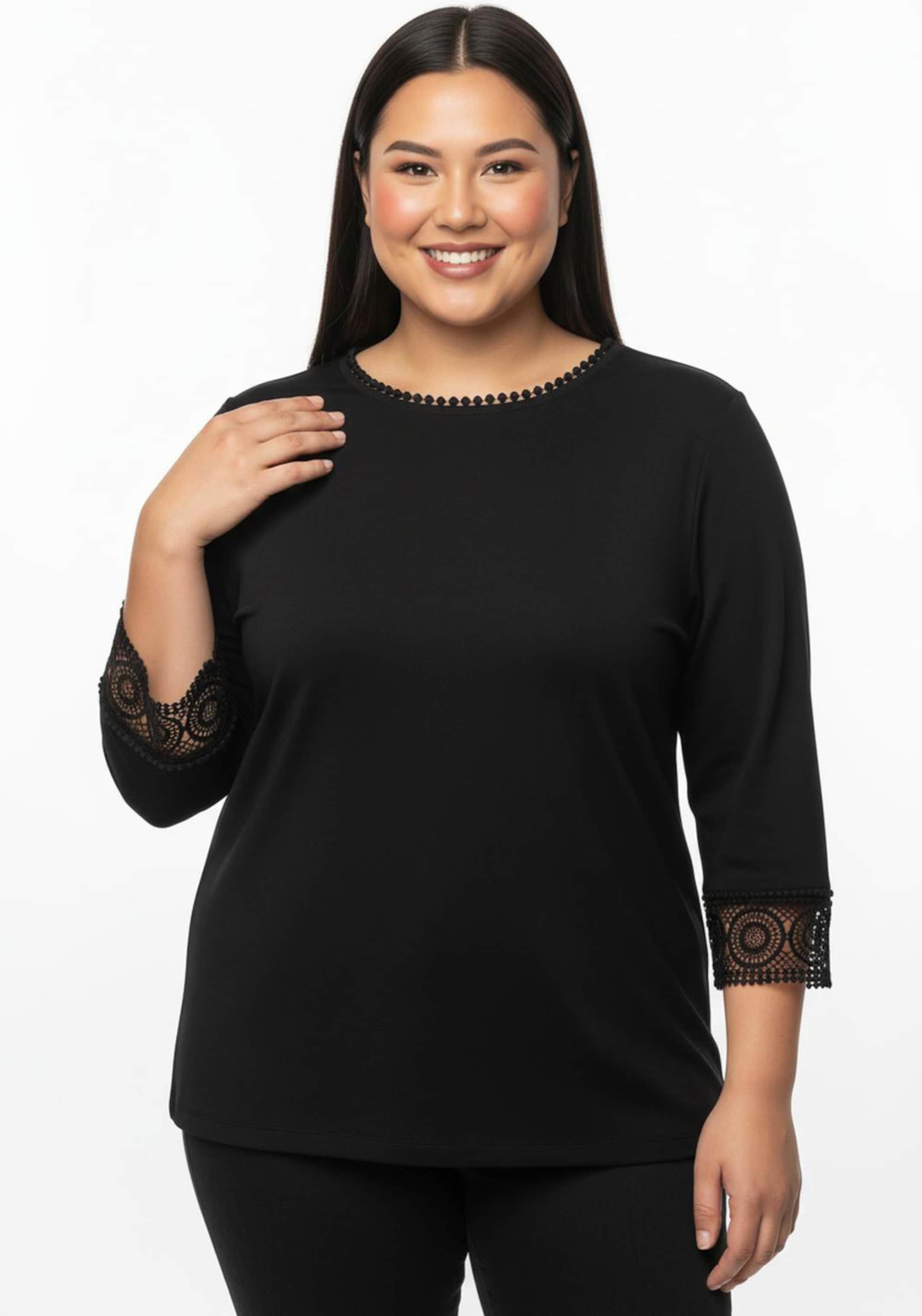 Thumbnail - Sheego 3/4-Arm-Shirt mit Spitzenbordüre an Ausschnitt und Ärmeln