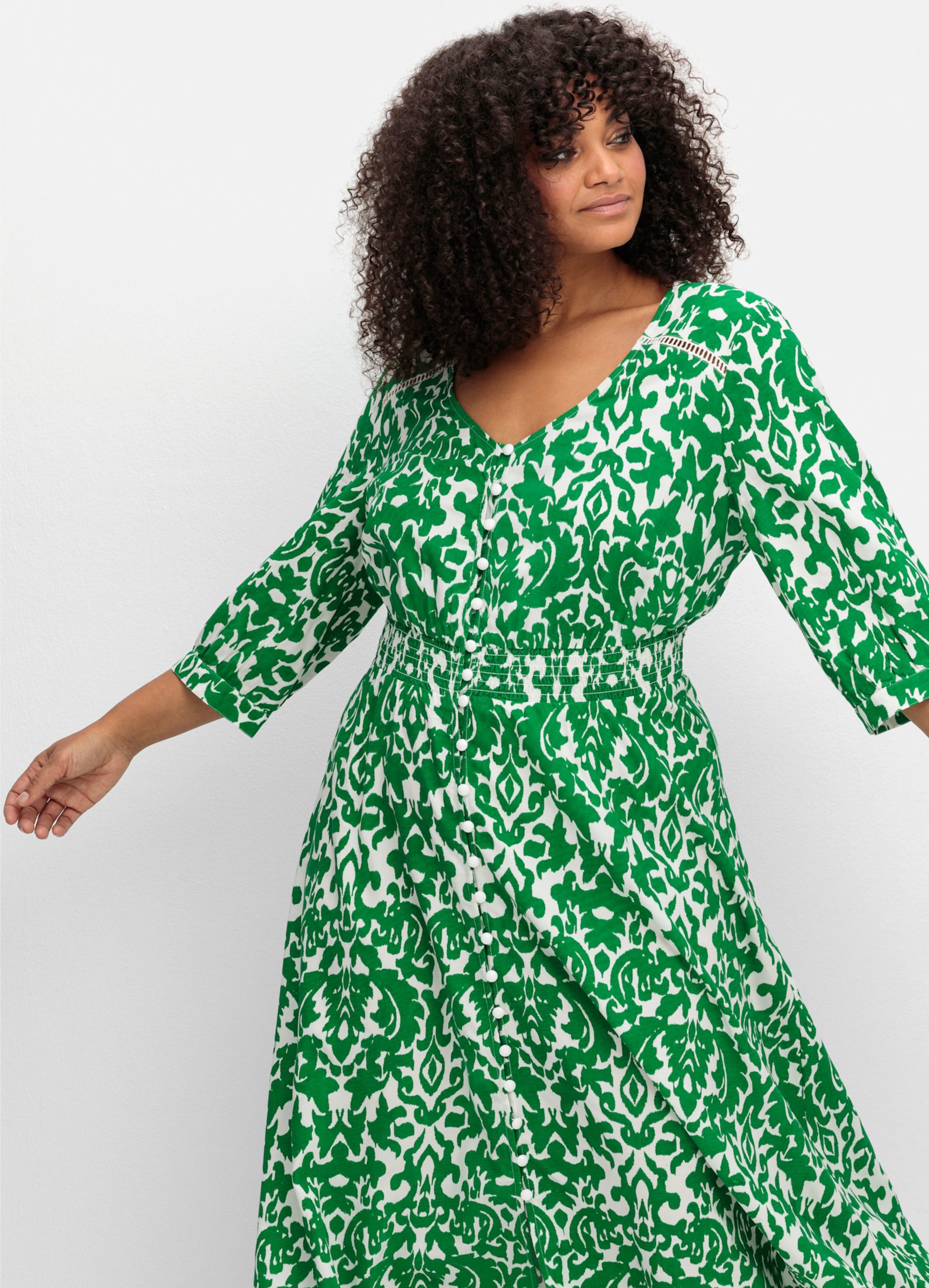 Sheego Maxikleid mit Alloverprint und gesmokter Taille