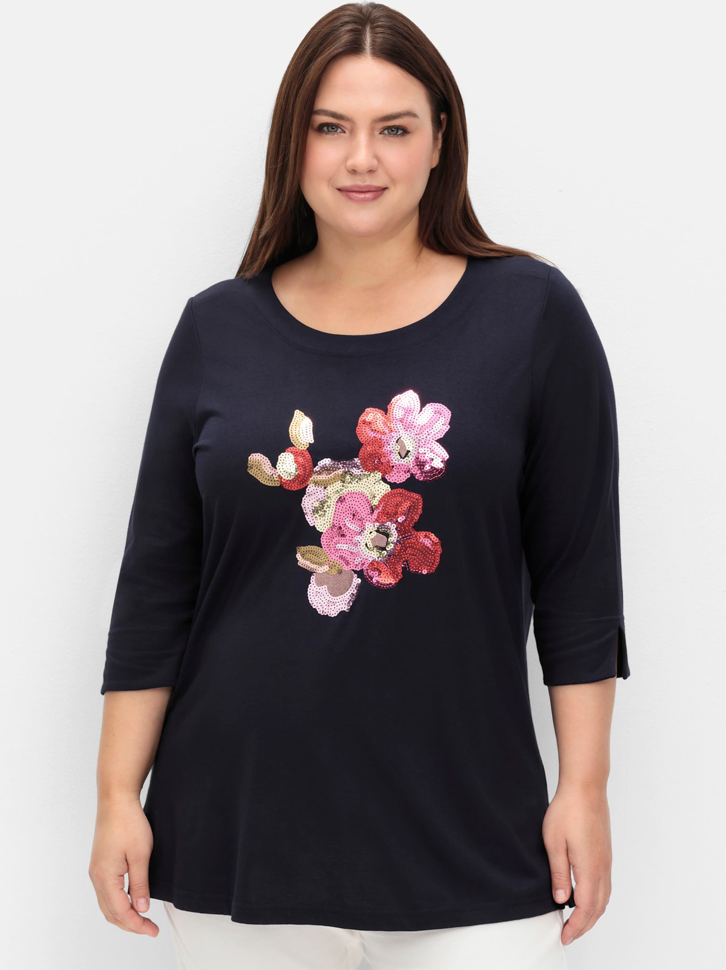 Sheego 3/4-Arm-Shirt mit Blumen-Stickerei aus Pailletten
