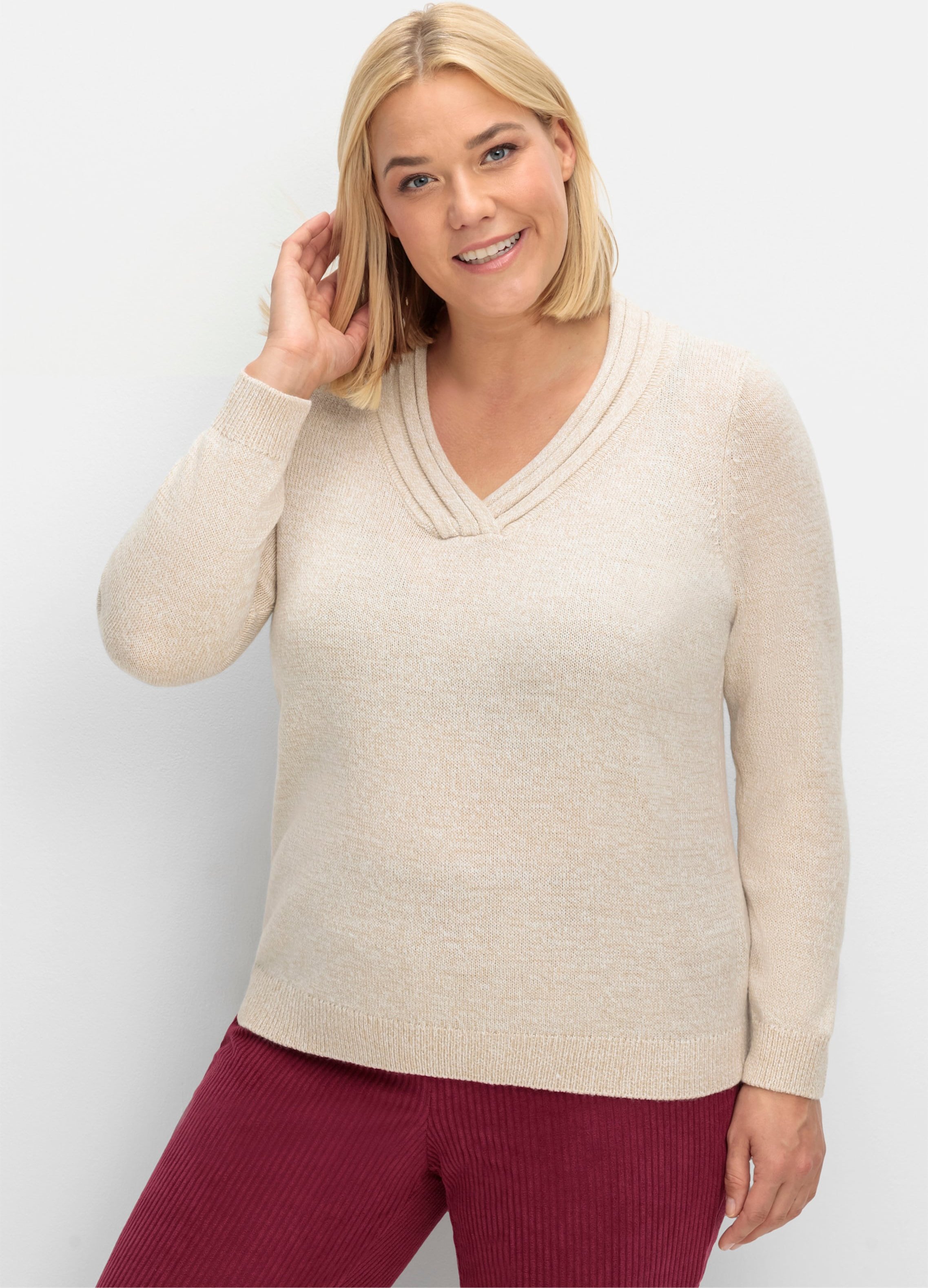 Sheego V-Ausschnitt-Pullover mit Rollkante