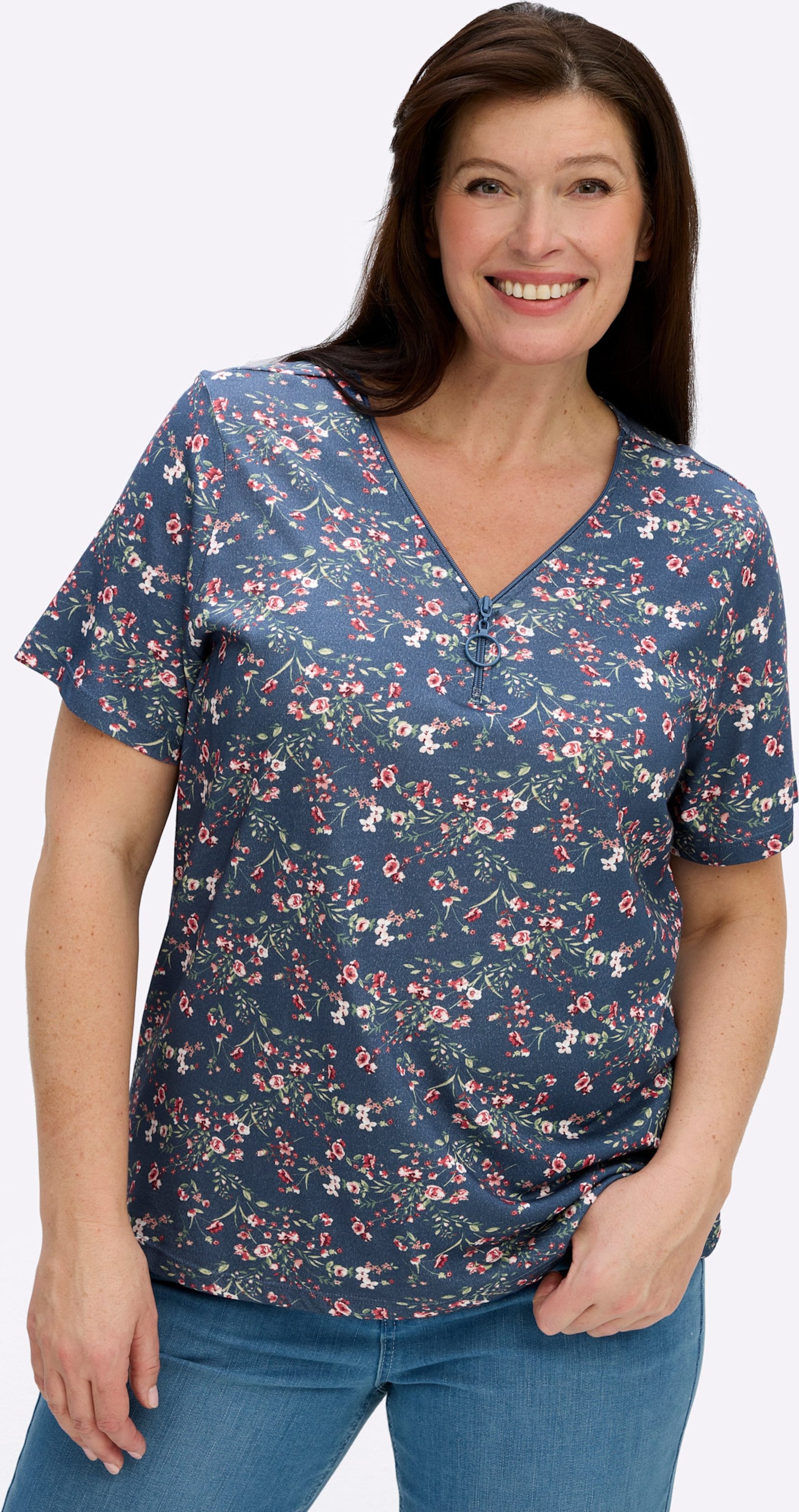 Sheego Kurzarmshirt mit Reißverschluss am Ausschnitt