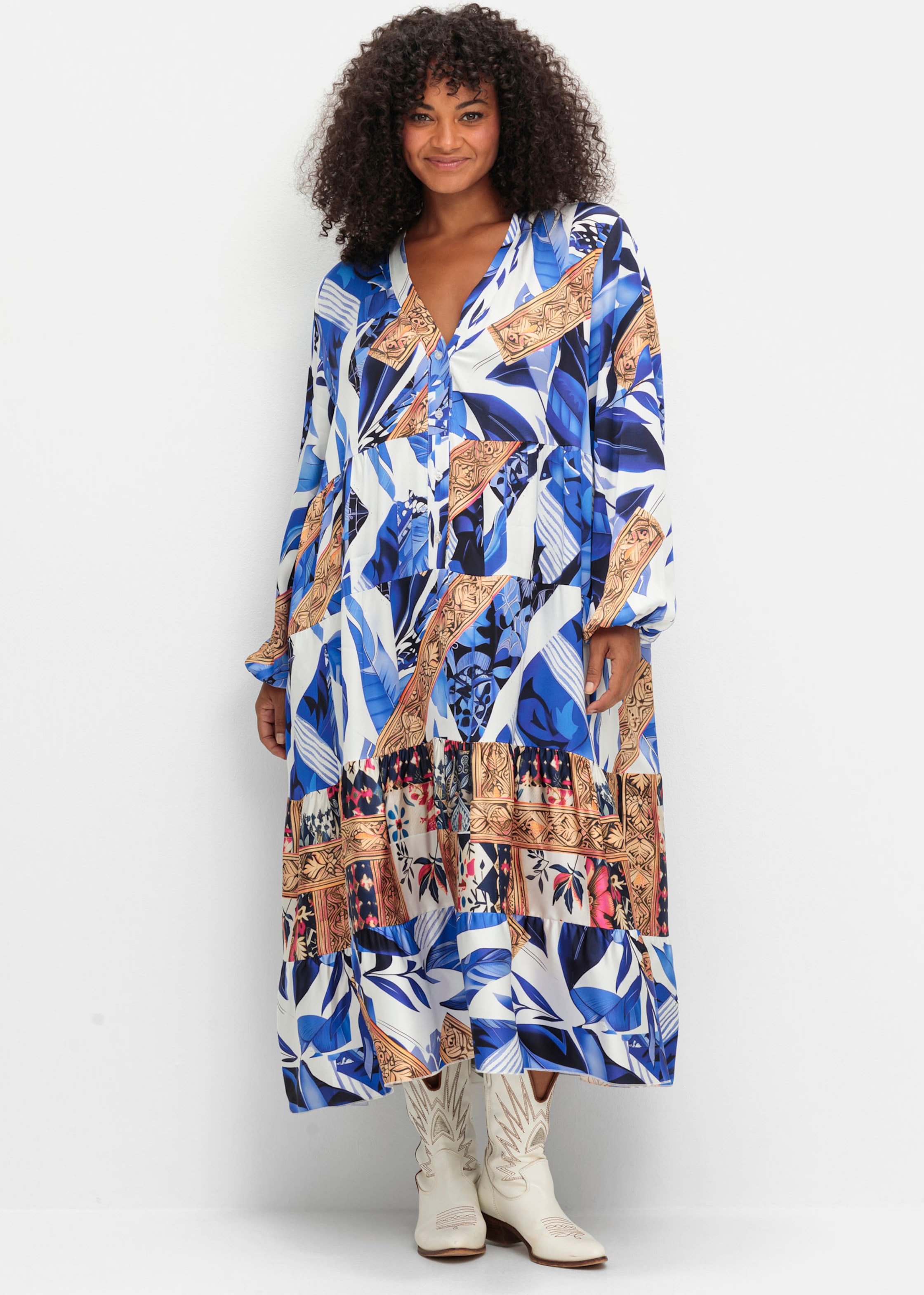 Sheego Stufenkleid mit Ballonärmeln und V-Ausschnitt