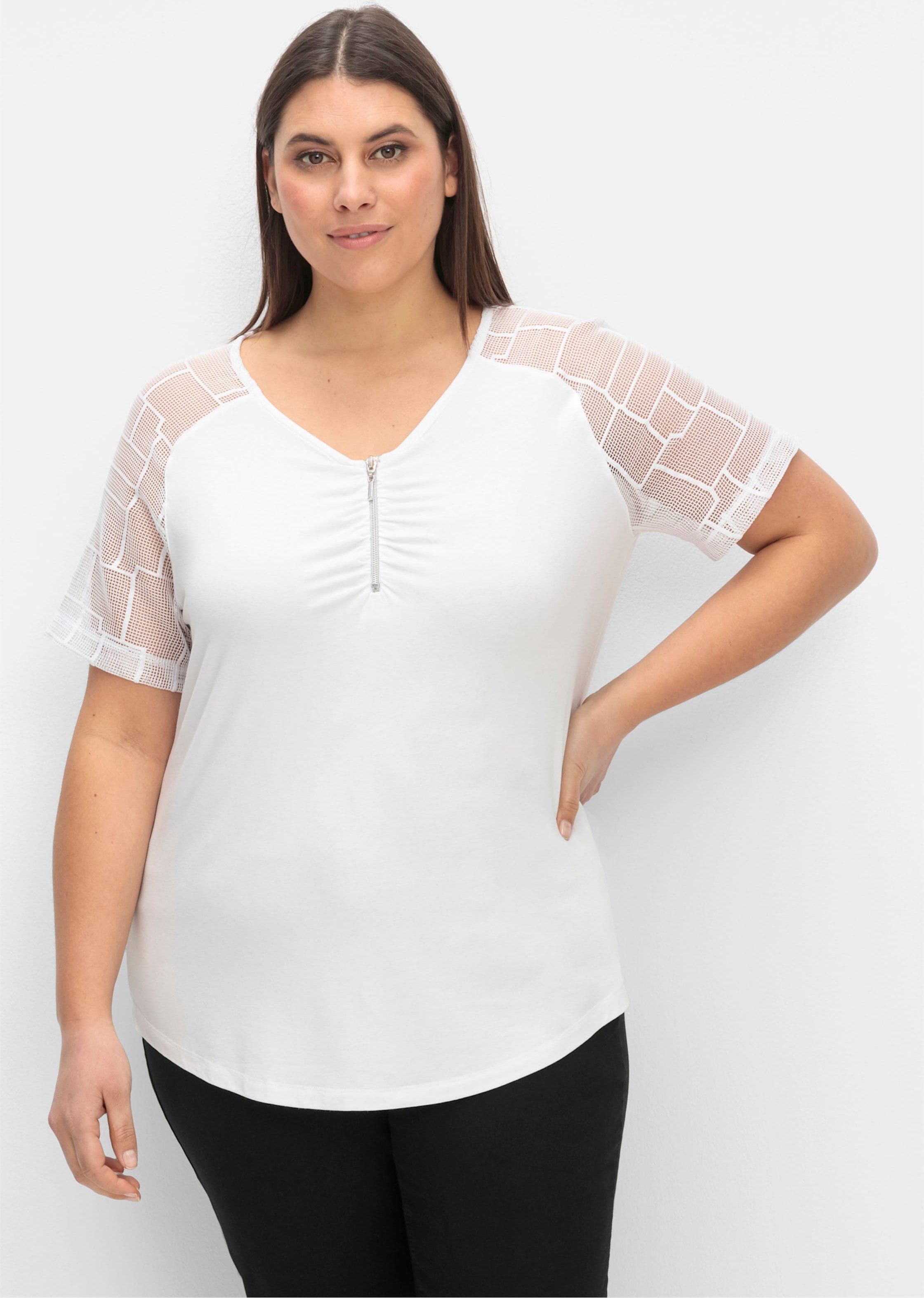 Sheego Spitzenshirt mit transparenten Ärmeln