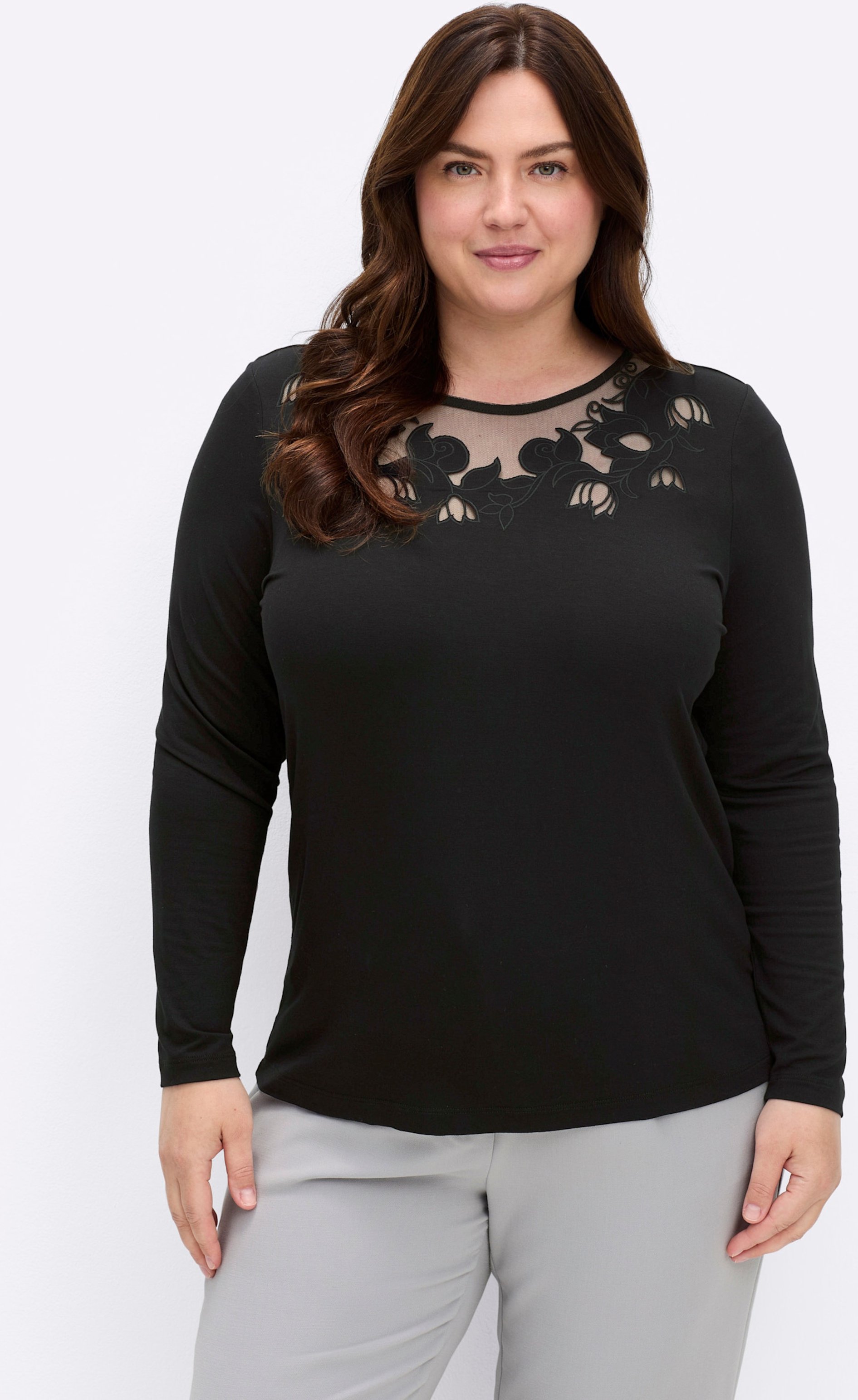 Thumbnail - Sheego Langarmshirt mit transparentem Tüll-Einsatz