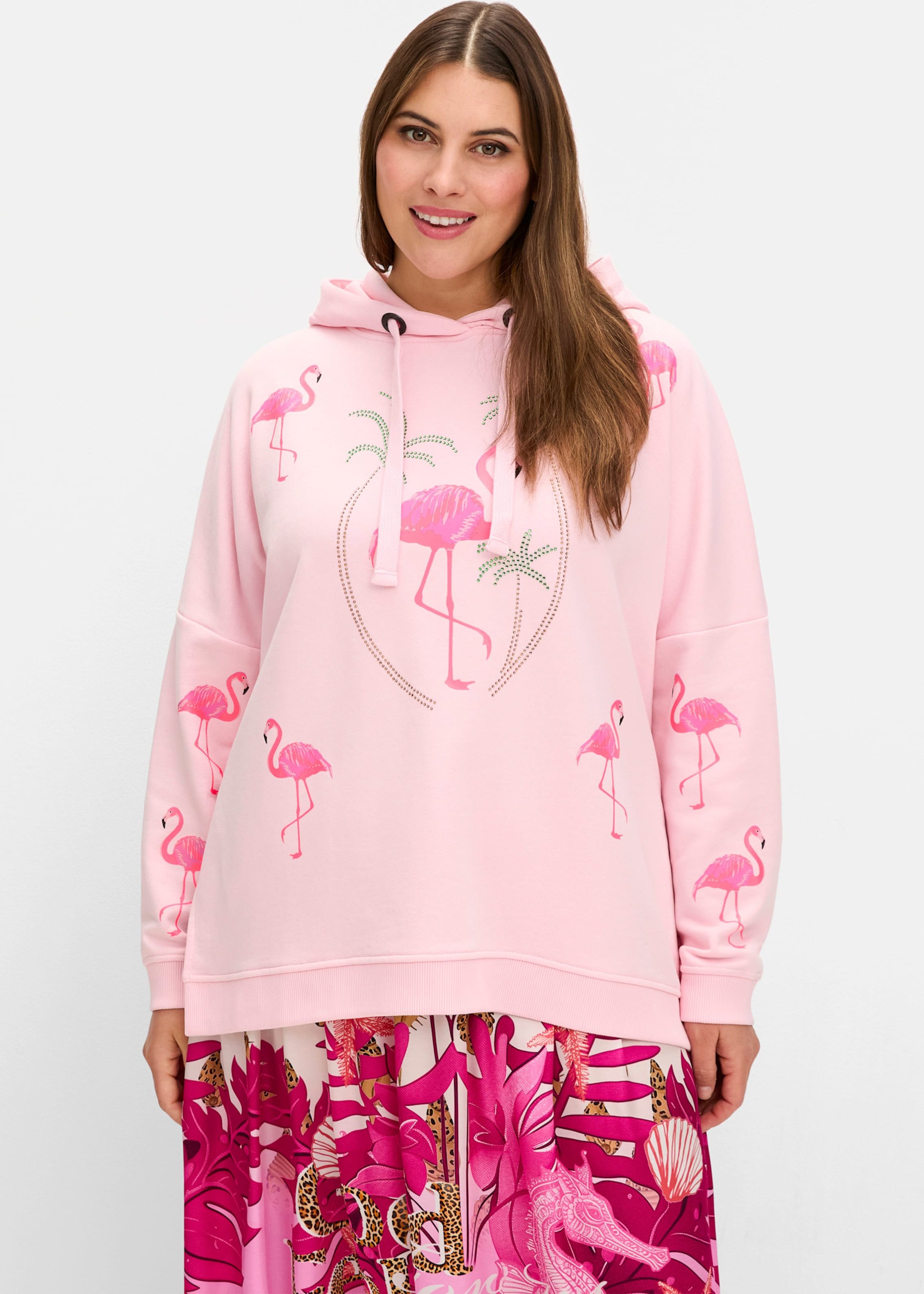 Sheego Kapuzensweatshirt mit Flamingo-Prints und Glitzersteinen