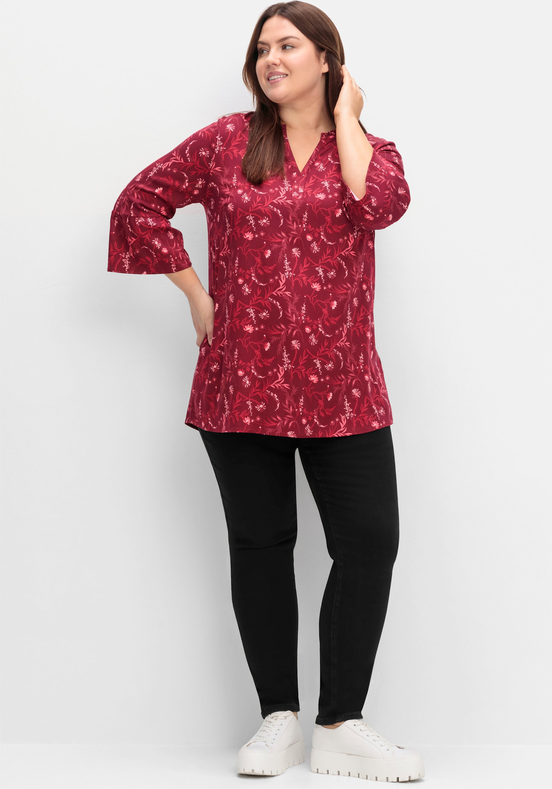 Sheego Tunika in Longform, mit Volants an den 3/4-Ärmeln