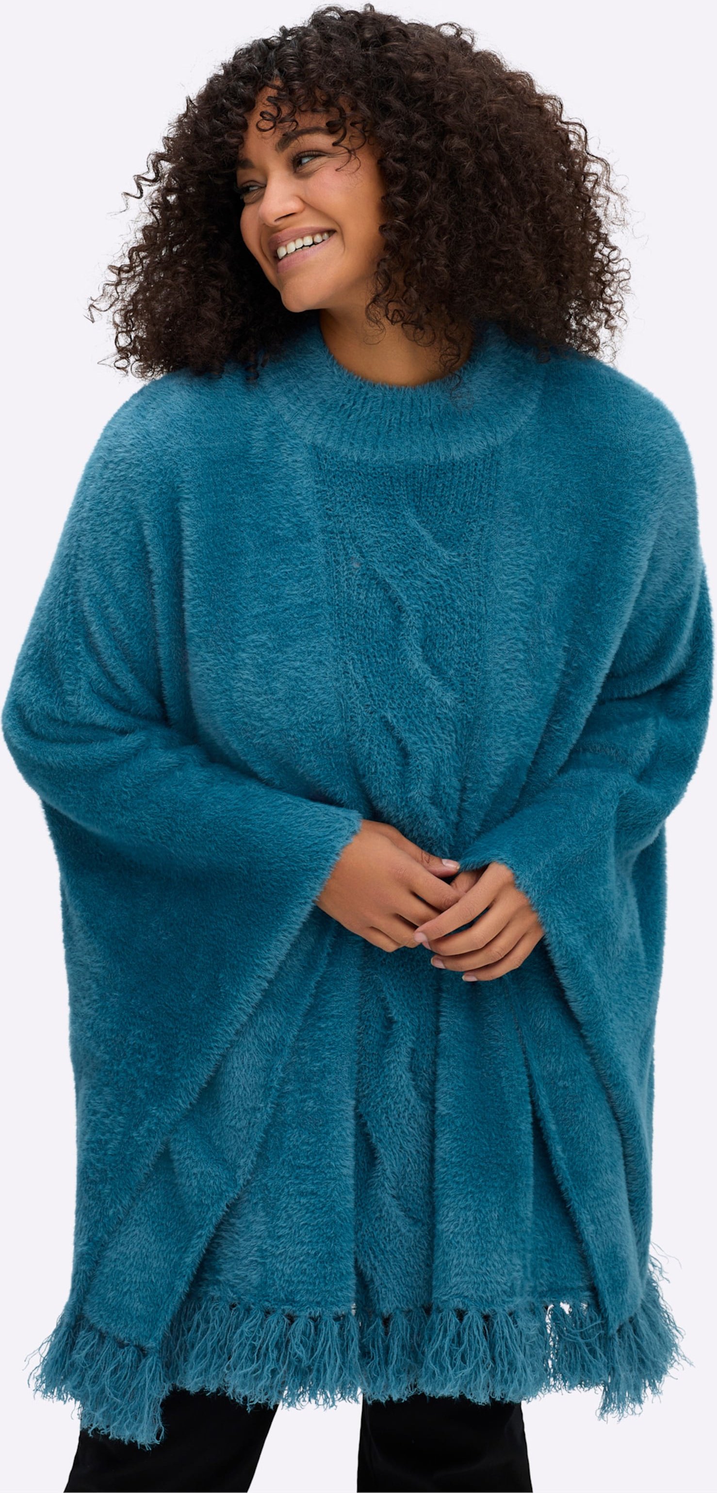 Sheego Strickponcho mit Stehkragen und Quasten
