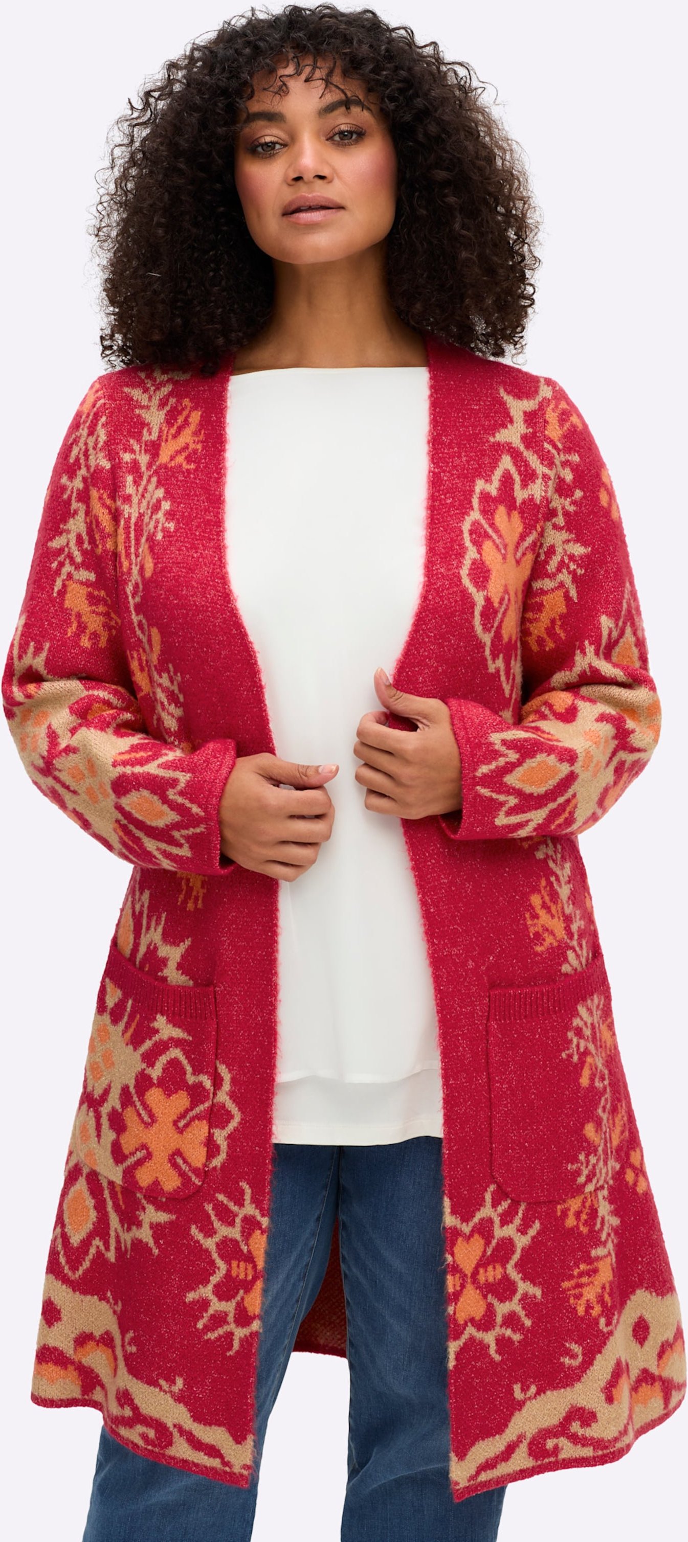 Sheego Strickmantel mit Blüten-Jacquardmuster