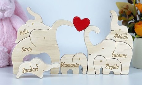Mit Namensgravur: Elefanten-Familie mit 2 Figuren als Holz-Puzzle