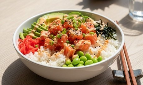 Für 1 Person: Lachs Bowl inkl. kleines Softgetränk nach Wahl